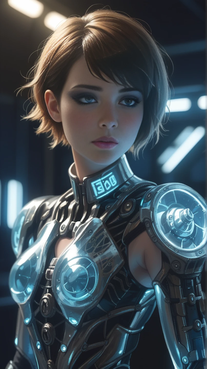 masterpiece, ethereal beauty, ethereal, cyberpunk, ultra realistic, woman 38 years, Like a Yael Shelbia, 3d, 3d rendering, porcelain, latex, Best quality, human anatomy, real hair, short hair, asymmetrical cut hair, moving hair, huge breasts, human anatomy, posing for photo, translucent, (ethereal, dreamlike), formidable, 8k wallpaper, sfw:1.2, --auto --s2