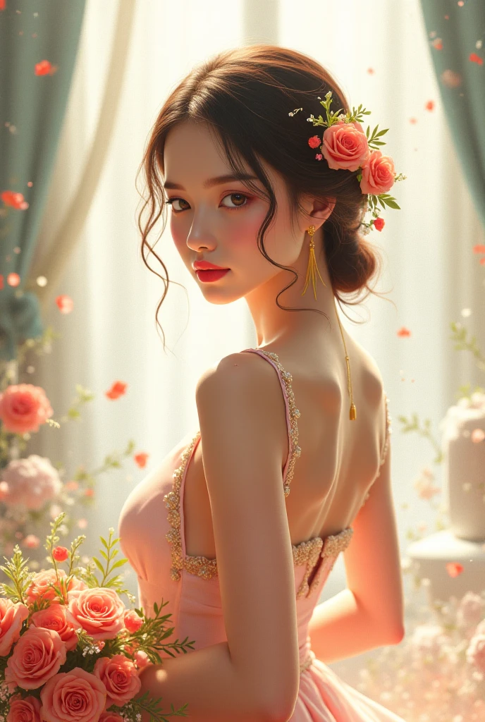 arafed woman in a pink dress holding a bouquet of flowers, illustrated by Andrew Loomis,detail stroke, scattered brush painting, detail eyes, carrying flowers, with flowers, wrapped in flowers, holding flowers, asian woman, lovely woman, lady with glowing flowers dress, female portrait with flowers, flower goddess, traditional beauty, beautiful woman, beautiful asian woman, turban of flowers, beautiful oriental woman, asian girl, gorgeous woman, woman in flowers