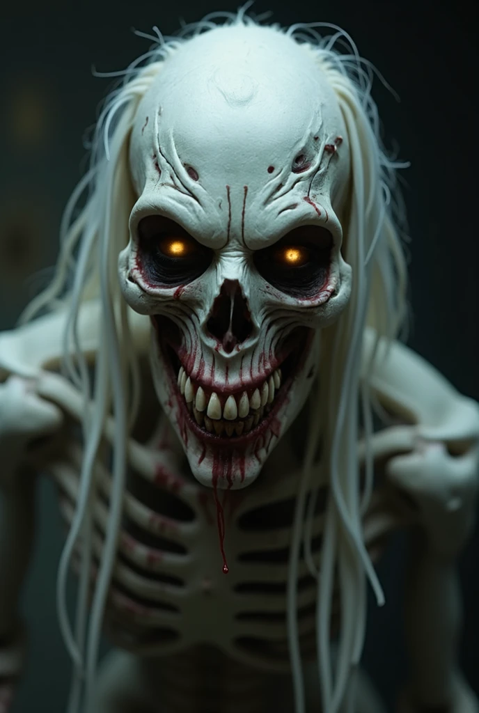 terror, humanoid crature, red eyes, hideous smile, nature, halloween trees, long white hair, bloody