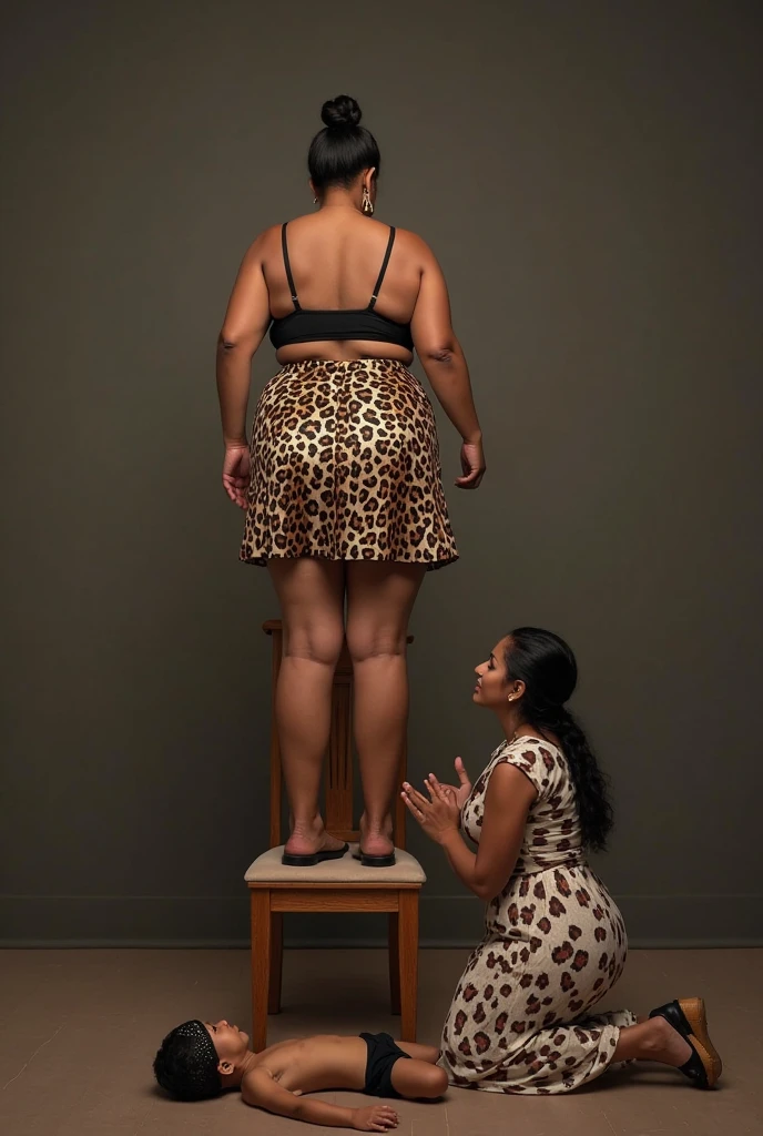 Create a realistic image of an elderly woman, 90 years old, obese, with black and dark skin, wearing a white shirt and black skirt and glasses, holding aloft in the air the body of a 30 year old young woman, with light white skin, long brown hair with highlights on the face, slender and beautiful body, braless with bare breasts and wearing green sweatpants