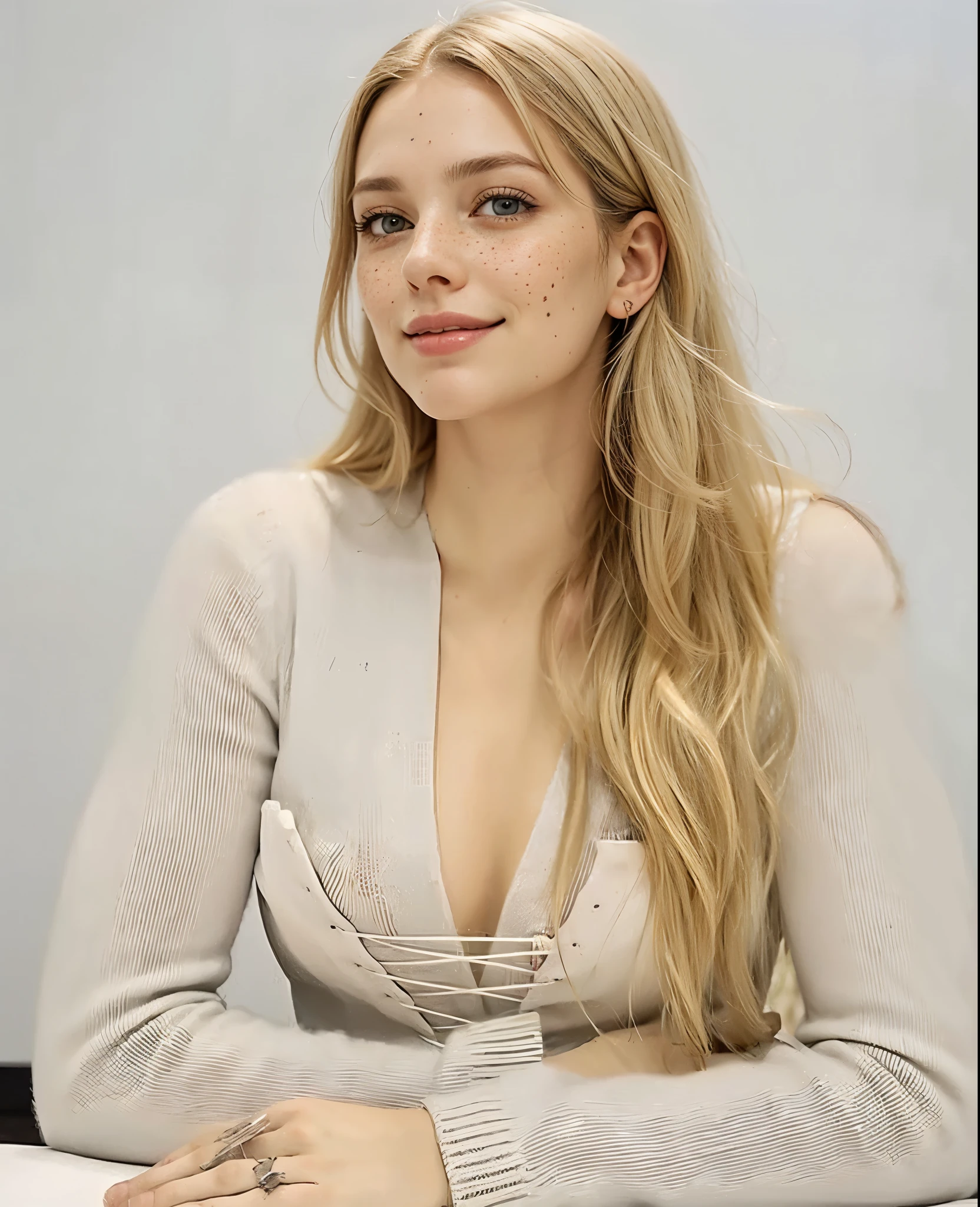Rosto de uma mulher, americana, 25 anos, pale skin and freckles, olhos cinzas, nariz delicado, soft and delicate lips, cabelo blondie cinza longo e ondulados, sorriso meigo, olhar sedutor