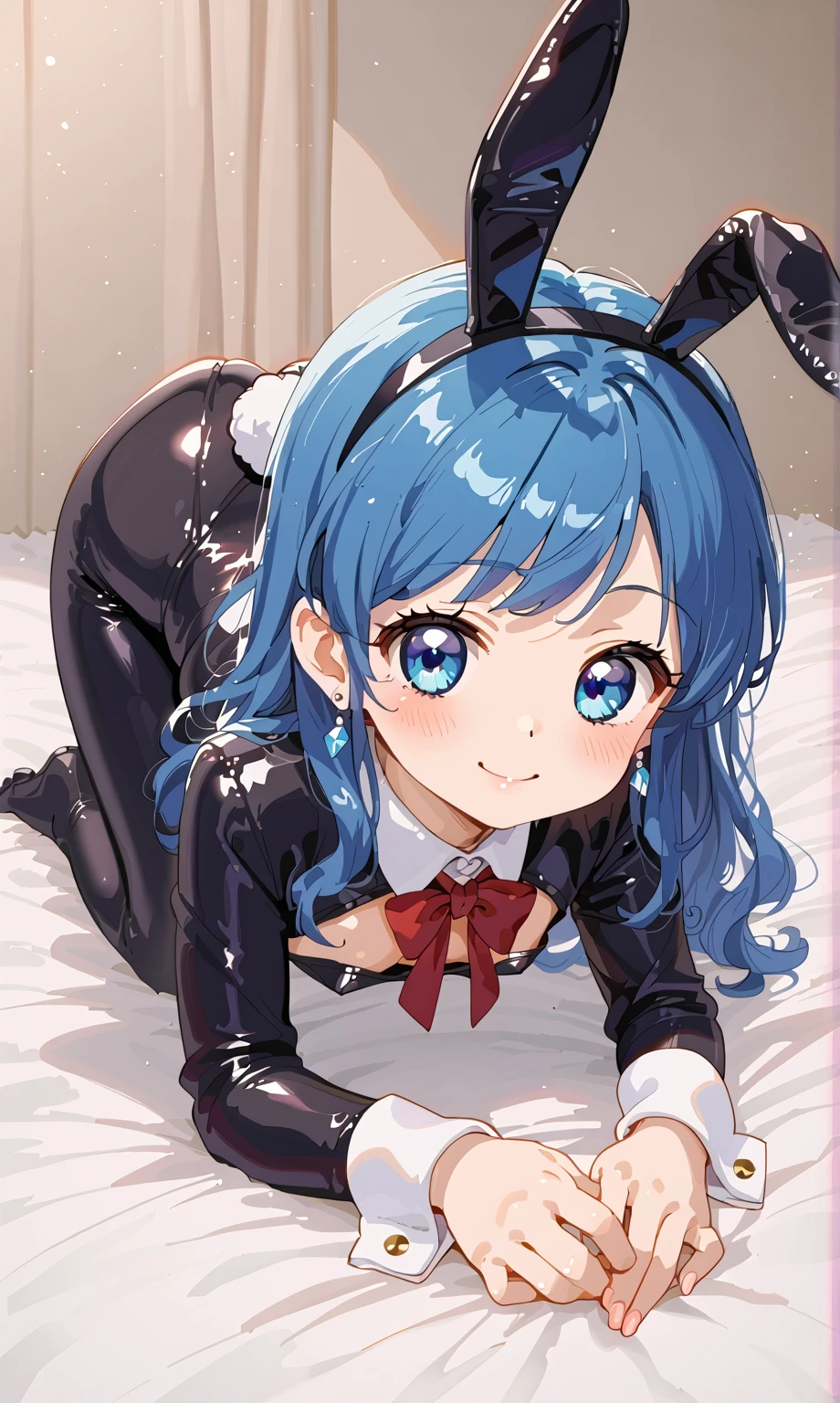 1girl, solo, sb69cyan, animal ears, cat ears, cat girl, tail, cat tail, curly hair, green eyes, blue hair, thighhighs, bell, maid headdress, striped thighhighs, dress,long sleeves,bow, lying, on back, blush, embarrassed, <lyco:Karakter - Show by Rock - Cyan:1.0>