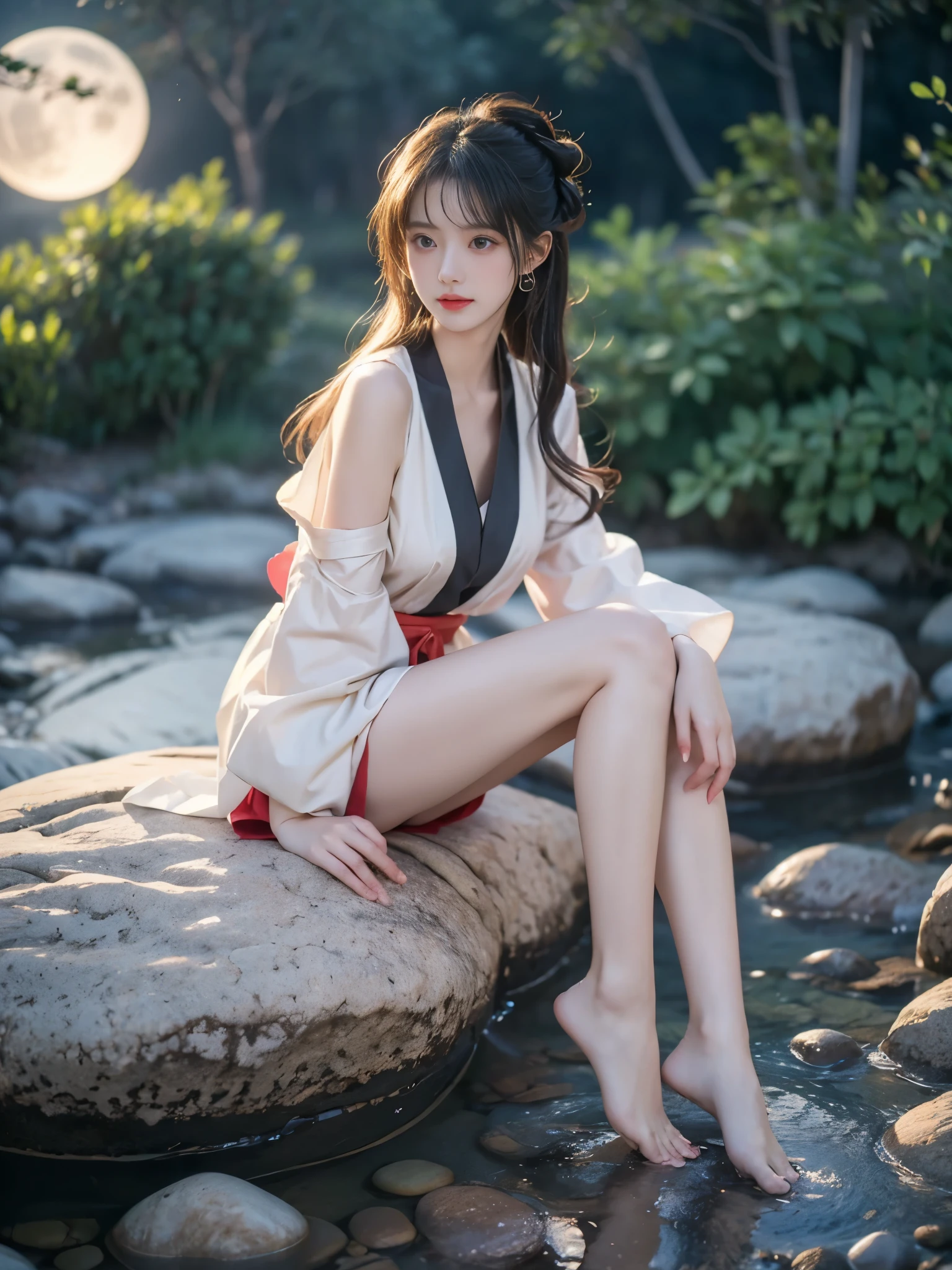 A beautiful shrine maiden in an elegant, sheer kimono stands gracefully on a sacred hill in the forest., A gold collar around his neck、Her chest is exposed and beautiful.。The feet are wearing sandals.。A kimono with a waist-length slit and knee-length。The colors are a perfect combination of red and white, which are symbols of purity.. Her jet black hair flowed long, well maintained、Shining in the sunlight. Her deep, His bright dark eyes radiated calm and wisdom., As if it holds an ancient tale from the past.. Her smooth, symmetrical face has the soft, calm Japanese look.、A gentle smile that gives off an aura of peace to the viewer, with the teeth faintly visible。Facing the sky diagonally to the upper right, she places her slender, beautiful fingers together in prayer.