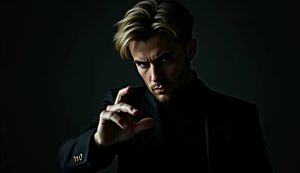 painting of a handsome man, blond, dark atmosphere, cinematic scene, volumetric lights, ultra realistic, in the style of nicola samori