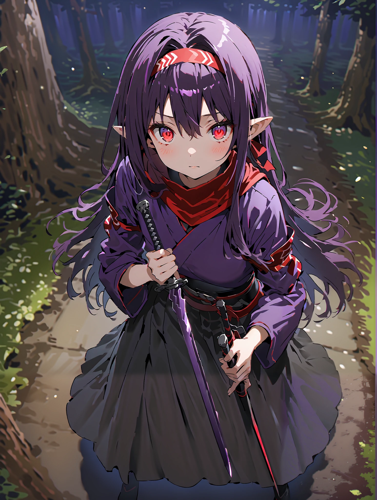 score_9, score_8_up, score_7_up, source_anime,
yuukiKonno, Konno Yuuki, Hairband, long hair, pointed ears, purple hair, stupid hair,Red Eyes,ponytail, Purple Kimono , purple speck , red scarf,boots,serious,is standing,
抜knife術の構え, viewers, holding, weapons, sword, holding weapons, holding sword, standing, knife, sheath, sheathed, combat posture,night,Trail,full bodyがillustration for both eyesに入るように,break outdoors,nature,forest,
break looking at viewer,full body,
break (masterpiece:1.2), top quality, High Resolution, Unity 8K Wallpaper , (illustration for both eyes:0.8), (beautiful detailed eyes:1.6), Highly Detailed Faces, perfect lighting, extremely detailed CG, (PERFECT HAND, perfect anatomy),full body写真,