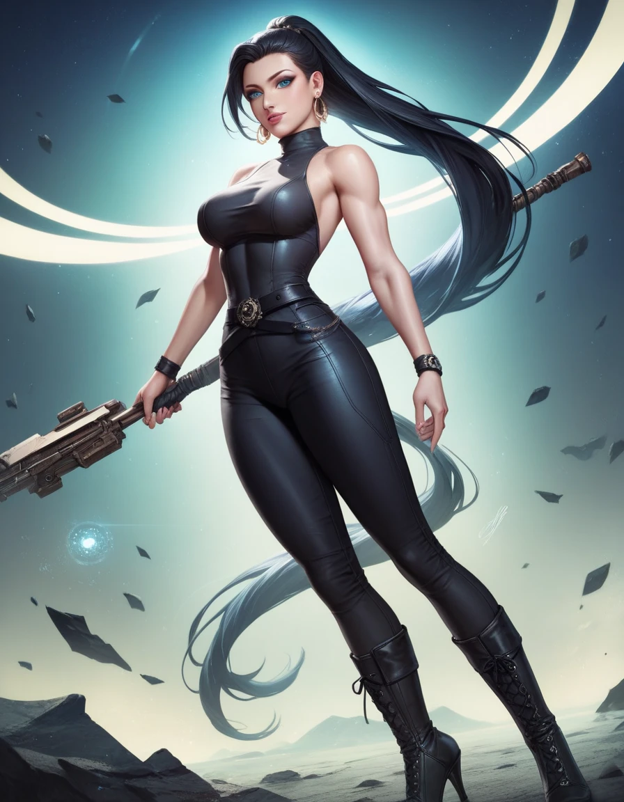 illustration, digital character art by Brad Rigney, (masterpiece), best quality, extreme detailed, wide shot from low angle, children female, laura kinney_main, (detailed face and eyes):1.2, fight pose, hyperrealism, wlop, dystopian city, moon glow, (official artwork, rim light,x-23 contrasting lighting), 
