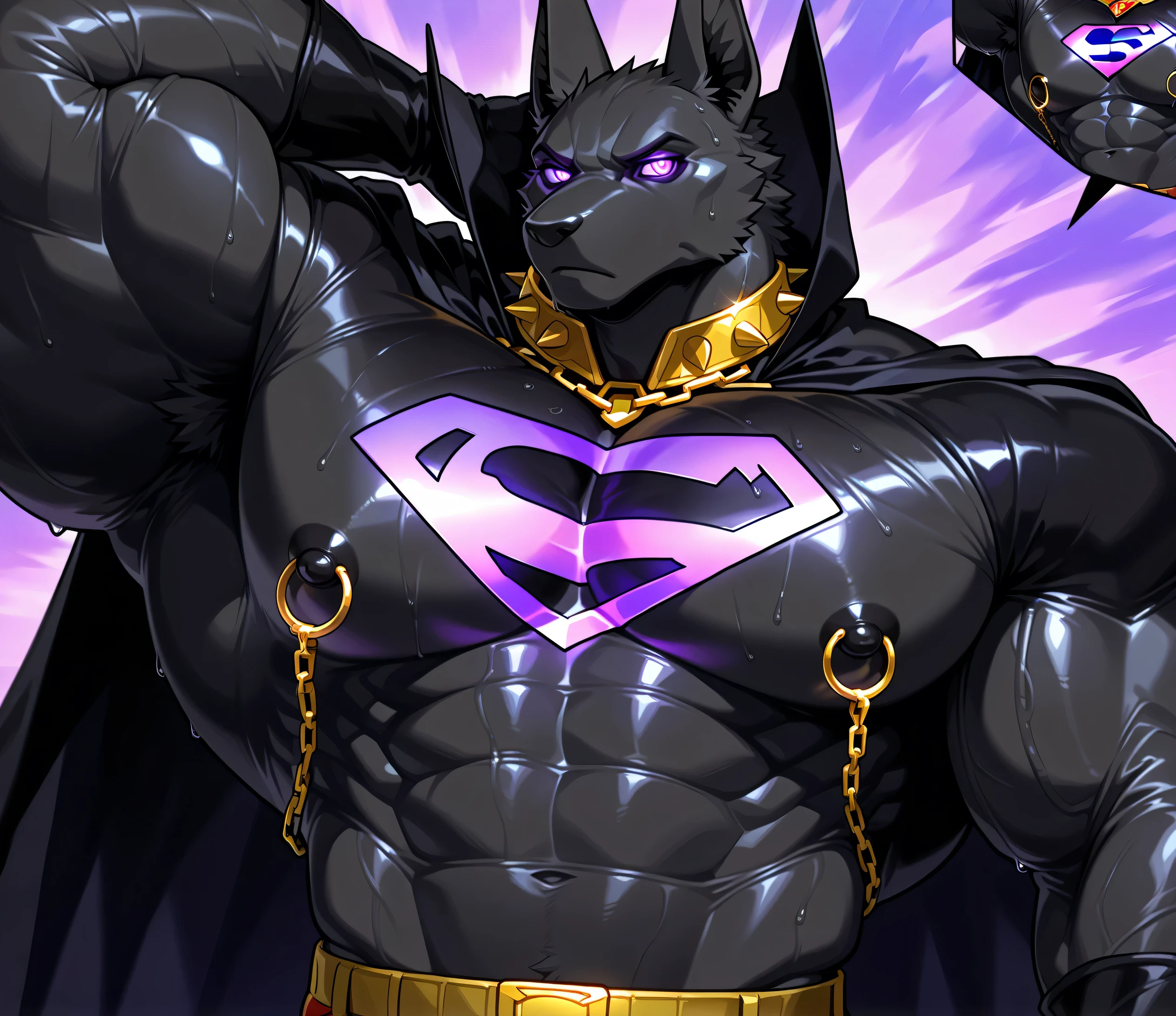 kemono, bara, solo, furry, Anthro, Drew, jackal, black body, male, tail, huge muscular, purple glowing eyes, posing, wearing superman outfit, black cape, superman symbol on chest, huge black nipples, golden nipple rings, broad shoulders, broad chest, serious, looking at viewer, wearing gold chains around neck, wearing a spiked collar on his neck, wearing superman outfit, superman symbol on center of chest, black cape, detailed background, sweaty, low view, front view, close up of chest and face, chest fills frame, BREAK score_9_up,score_8_up,score_7_up,score_6_up,score_5_up,score_4_up BREAK by null-ghost