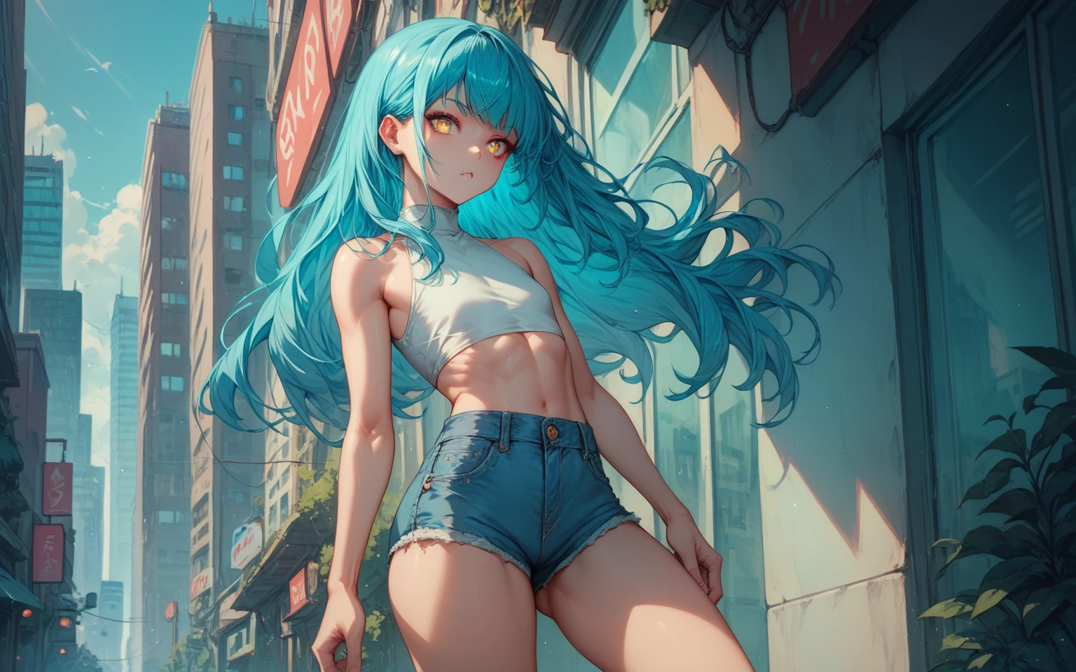 Hand-drawn art, conceptual art, detailed sketch, sketch drawing, manga art style, young woman with French features, with white tank top and short shorts, long wavy jet black hair with neon blue higlights , blue eyes, strong and defined muscles, casusl pose 