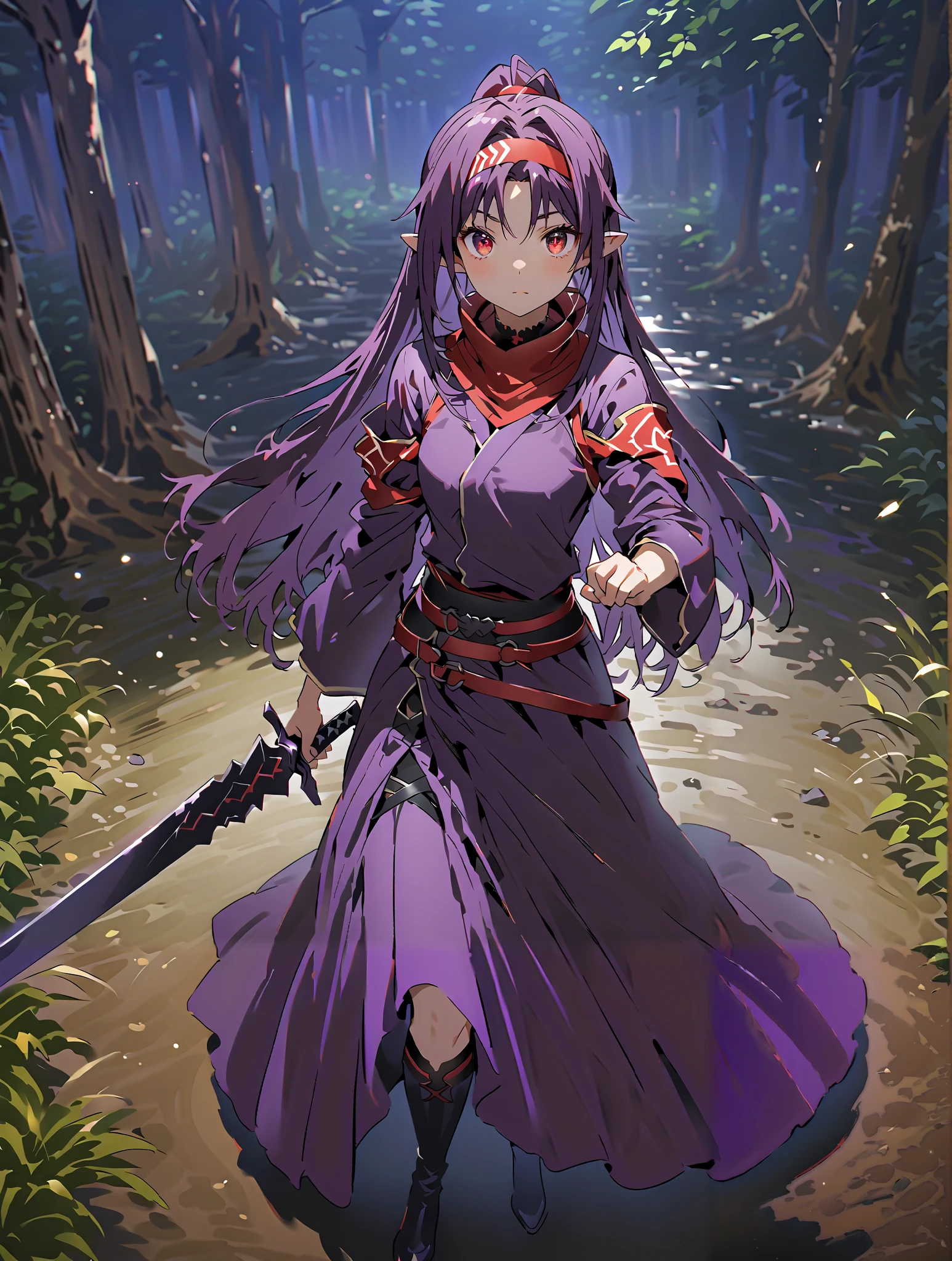 score_9, score_8_up, score_7_up, source_anime,
yuukiKonno, Konno Yuuki, Hairband, long hair, pointed ears, purple hair, stupid hair,Red Eyes,ponytail, Purple Kimono , purple speck , red scarf,boots,serious,is standing,
抜knife術の構え, viewers, holding, weapons, sword, holding weapons, holding sword, standing, knife, sheath, sheathed, combat posture,night,Trail,full bodyがillustration for both eyesに入るように,break outdoors,nature,forest,
break looking at viewer,full body,
break (masterpiece:1.2), top quality, High Resolution, Unity 8K Wallpaper , (illustration for both eyes:0.8), (beautiful detailed eyes:1.6), Highly Detailed Faces, perfect lighting, extremely detailed CG, (PERFECT HAND, perfect anatomy),full body写真,