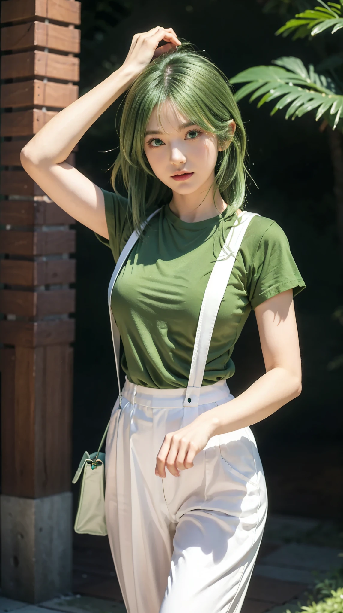 Masterpiece, 8K, Best Quality, Intricate Details, Ultra Details, Ultra High Resolution, (Makeup: 0.4), (Fluffy Green Eyes: 1.21), ((Full Body)), ((Muscles: 1.1)), ((Daytime: 1.3)), Standing, HDR, Ultra Detail, EF 24-70mm f/2.8L II USM, Best Quality, High Quality, 1 Girl, Japanese Girl, Cute, Beautiful, Charming, (Collosal Big Breasts), 20 Years Old, a close up of a person with green hair and a bag, wearing green clothing, as an anime character, green clothes, style realism, girl cosplay, casual green clothing, green clothing, realism style, green shirt, subtle real style, green hair, short green hair, realistic