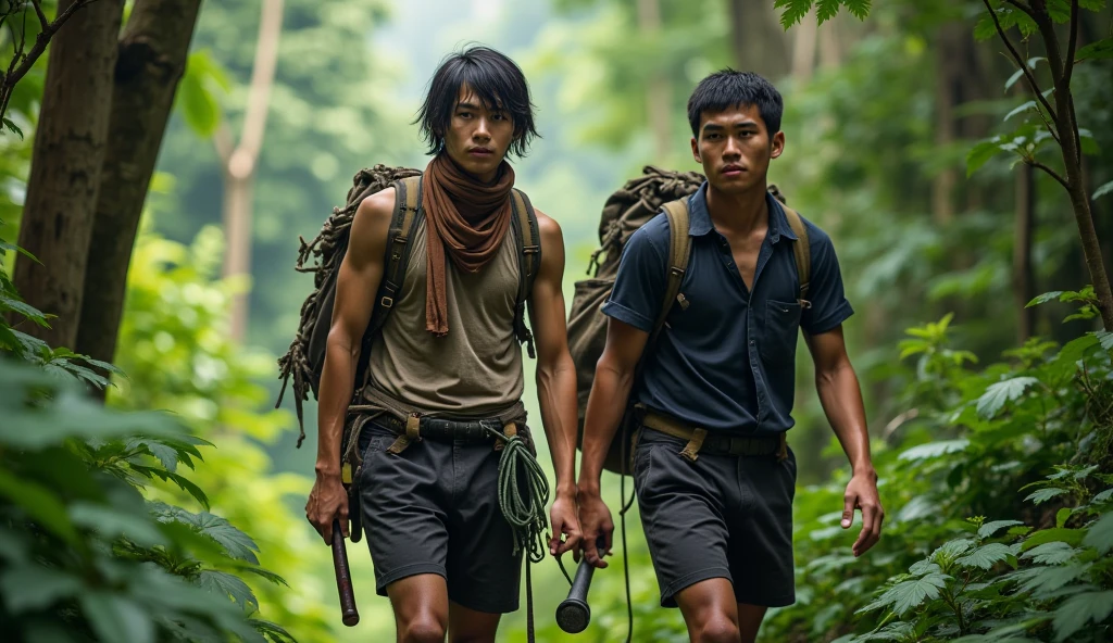 Best image quality, threaten, Holding a spear, primitive, Spread your legs, Primary forest, In underwear, ""Primitive clothing"", male, Black Hair, paint