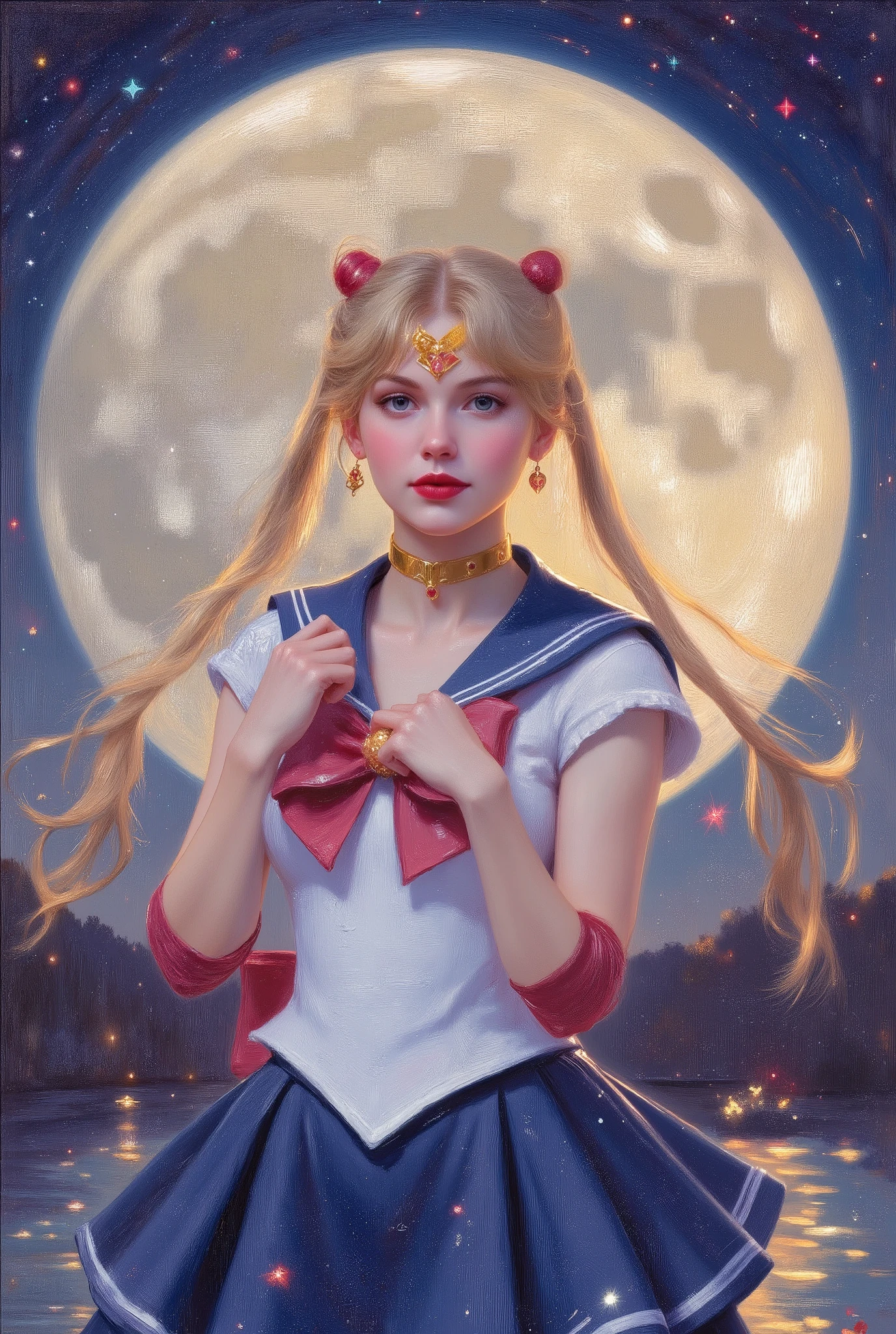 Impressionist_Style, An impressionistic oil painting of a beautiful 20-year-old girl with fair skin and very long straight blonde hair styled in twin tails with double bun. She is wearing a Sailor Moon costume and striking a pose. The background features a large, full moon that fills the entire screen.
The style is impressionistic, emphasizing bold, expressive strokes and a warm, inviting atmosphere,
impressionistic style, Loose
Brushwork, Impasto, Capturing Light and Atmosphere, Optical Mixing, impressionistic painting, Oil Painting, The brushstrokes are bold and textured, creating a dynamic lively scene, by Claude Monet, by Renoir, by Edgar Degas, by Camille Pissarro,