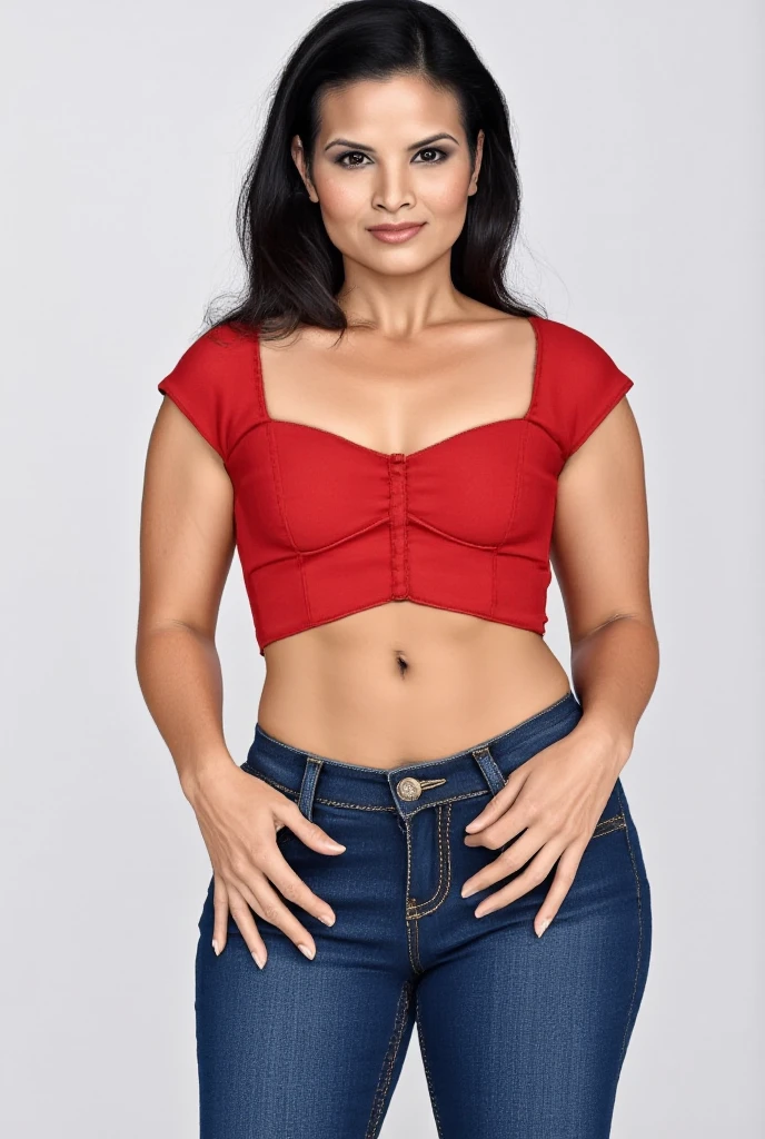 A beautiful Hot thick muscular sweet sexy Asian American female firefighter of the Tonka City fire department All dressed in her red and black sports bra and wearing a orange firefighter EMS turnout pants over suspenders and is posing in front of a fire rescue ambulance for the cover of a firefighter calendar
