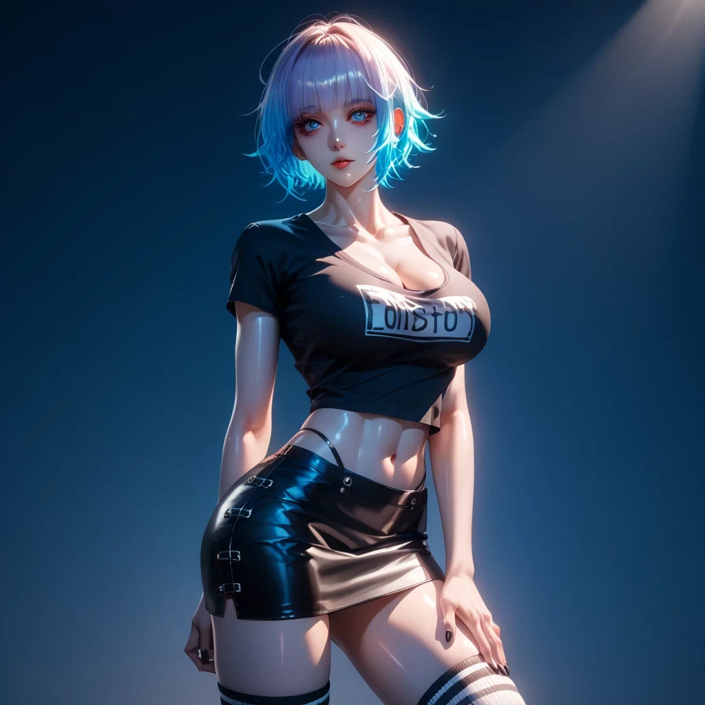 hand on own ass, ((white, hair, gradient hair ), top quality、 ( professional lighting without shadows )、 surreal, is fascinating、figure like a slender supermodel、 1 girl, ( big breasts, Belly button exposed), ( flat at honny, beautiful skin)), (明るい and beautiful blue eyes ,(( クラゲ cut, short hair ))), ( black mini tight skirt , black u neck t-shirt, cleavage visible ,(( punk style fashion))) , Knee High Socks, 黒のthong