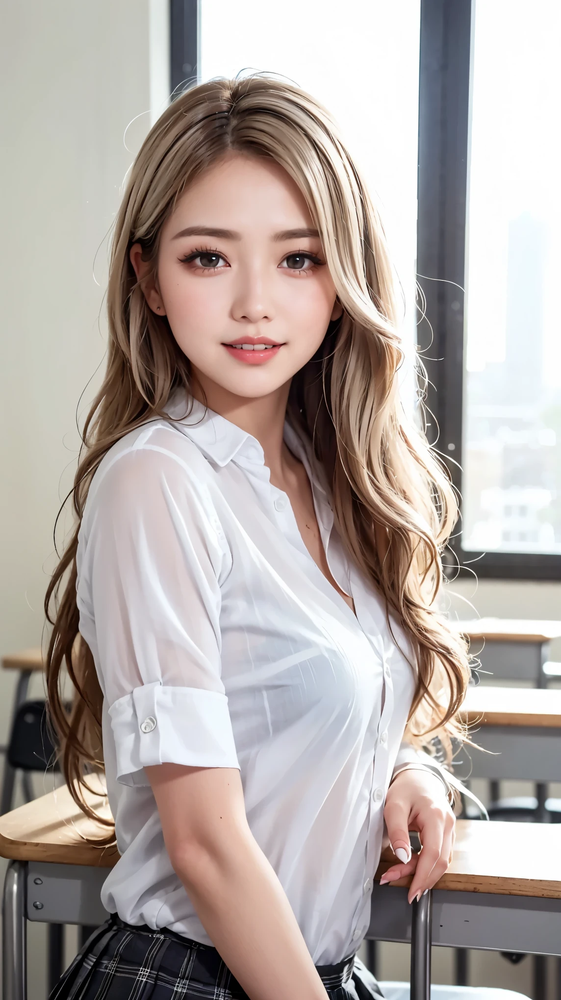 Realistic, masterpiece, highest quality, Highest Resolution, Japanese , 16 years old, Upper body photo, She narrowed her eyes.、Looking at me with a shy smile, Laughing with your mouth open, Beautiful and detailed eye drawing, (Droopy eyes:1.3), Dark Eyes, Thin eyebrows, Draw eyelashes carefully, Small teeth visible, Gal Makeup, (Brown and white wavy hair with white mesh, Long Hair, middle part:1.3), (Hidden eyelid wrinkles:1.3), (He is wearing a neat, very thin, see-through white button-up shirt.:1.1),(Clothes are wet:1.1),(The clothes are transparent:1.1),(The chest is clearly visible:1.1),(You can clearly see the shape of the chest:1.1),(Nipples are visible:1.9),(No bra:1.1),(puffy nipples), She is wearing a short, grey, checked pleated skirt., A was photographed diagonally from below, School classroom