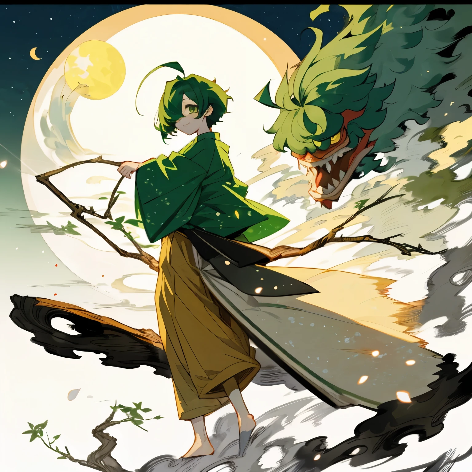 (boy), green ivy hair, green eyes, short cut, side part, ahoge, hair over one eye, thin eyebrows, young, expressionless, alone, short, Shota, solo, outside, at night, Thin, yellow half moon, pants, japanese clothes, grinning, fairytale, mild Smile, japanese Monster