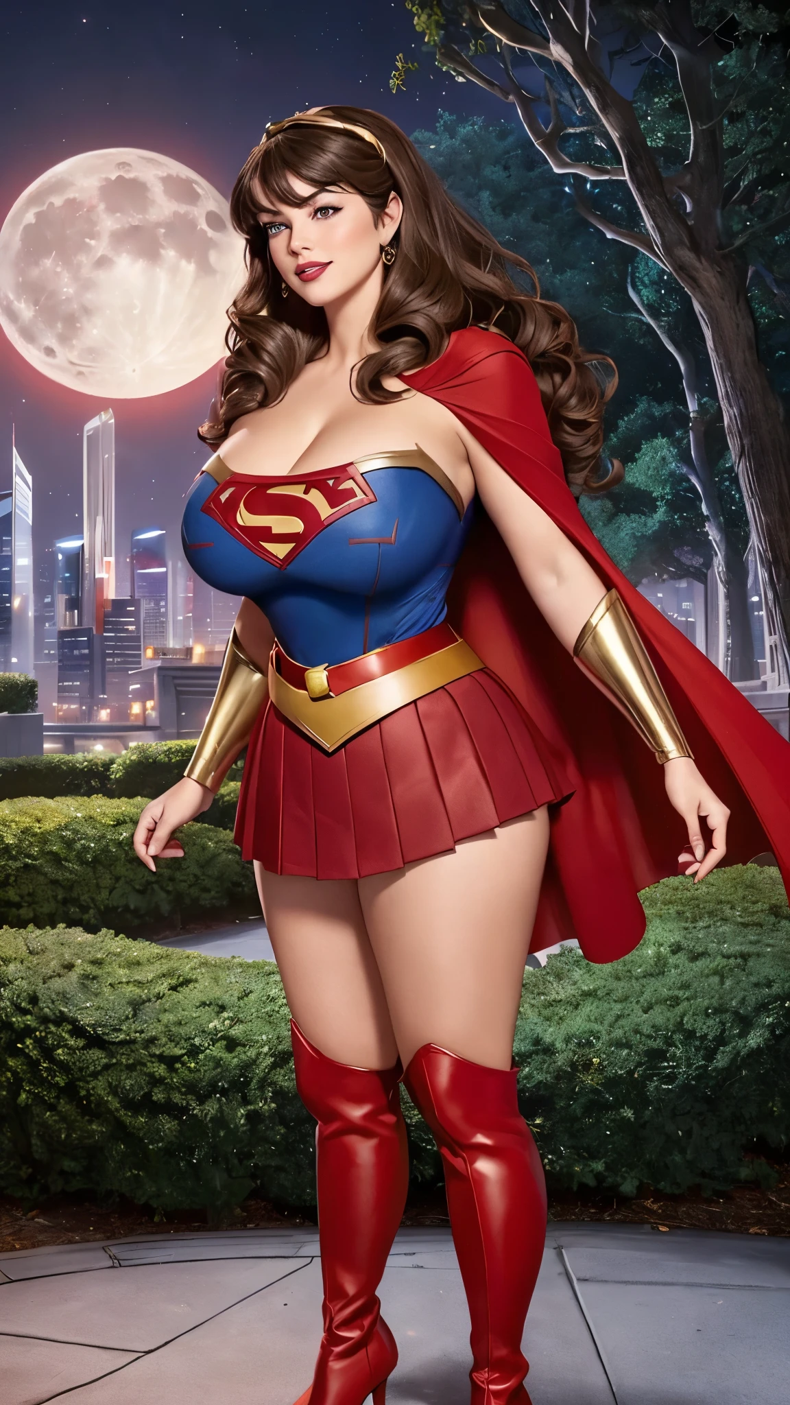 donnatroy, DisneyAurora, Beautiful woman, Kate Upton, 47 years old, (((long wavy dark brown hair, hair pulled back with bangs))) sexy, cherry Red lipstick, violet eyeshadow, hands free, standing, leaning back against a wall, smiling softly (( tight blue shining top of SUPERGIRL, gold belt, red pleated skirt, red boots, flowing red cape ))), (((moonlit city plaza surrounded by trees and skyscrapers at night))) (large_breasts:1.2) (curvy:1.2) (Chubby:0.7)