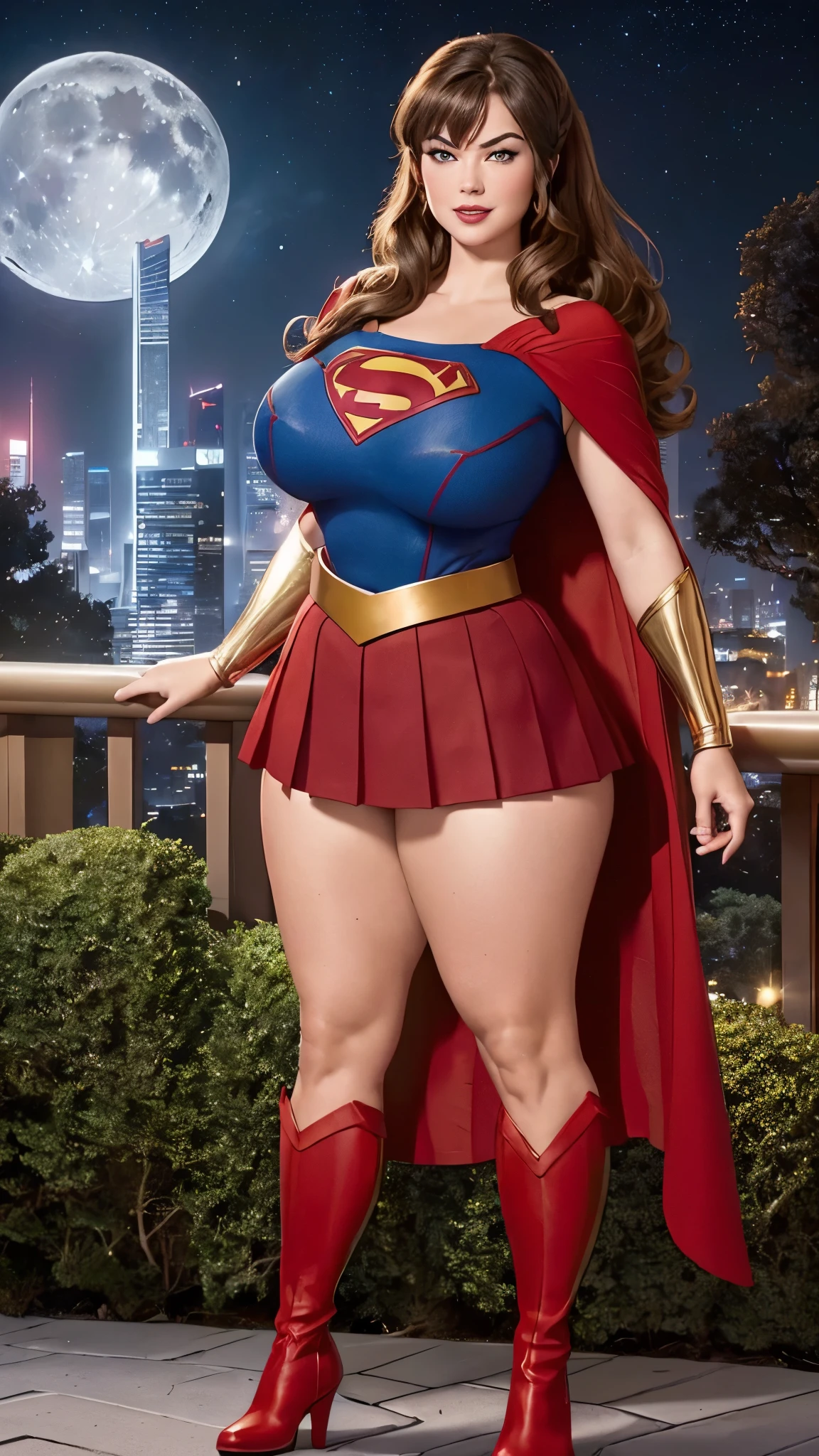 American World War II poster, Gil Elvgren style ((USA Poster, American Poster)) (((A young woman with straight dark hair long size up to her waist in superhero pose))) ((detailed outfit entirely red with gold)) (cars in the background of the image) (((robotic left arm)) (((cyberpunk arm))propaganda Poster, hero uniform, SUPERGIRL UNIFORM, 1 girl, solo, good body, poster design, poster art style. 1980s, 1950s, 1960s, 1940s, basic color scheme, very colorful poster, colorful art, third rule, inspiring, woman, 1 25-year-old girl, hair blowing in the wind, looking at the viewer, blurred background, thick legs, green eyes, (wide hips:1.2), (chubby:1.2), (huge breasts:1.3),