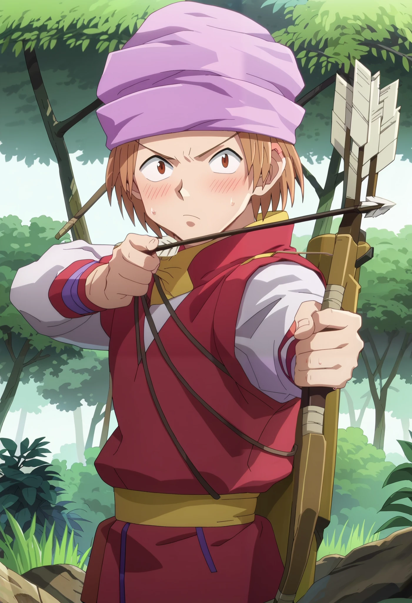 score_9, score_8_up, score_7_up, source_anime, rating_safe, intricate details, anime screencap, anime coloring, official style, looking at viewer, 1boy, solo, male focus, pokkle_hxh, brown hair, brown eyes, short hair, purple hat, arrow, \(projectile\), outdoors, forest, trees, grasses, rocks, jacket, cowboy shot, drawing bow, (weapon), (aiming at viewer:1.1), arrow, bow (weapon), holding bow, (weapon), aiming, serious face, (blush:1.1, sweat face:1.15), front view,