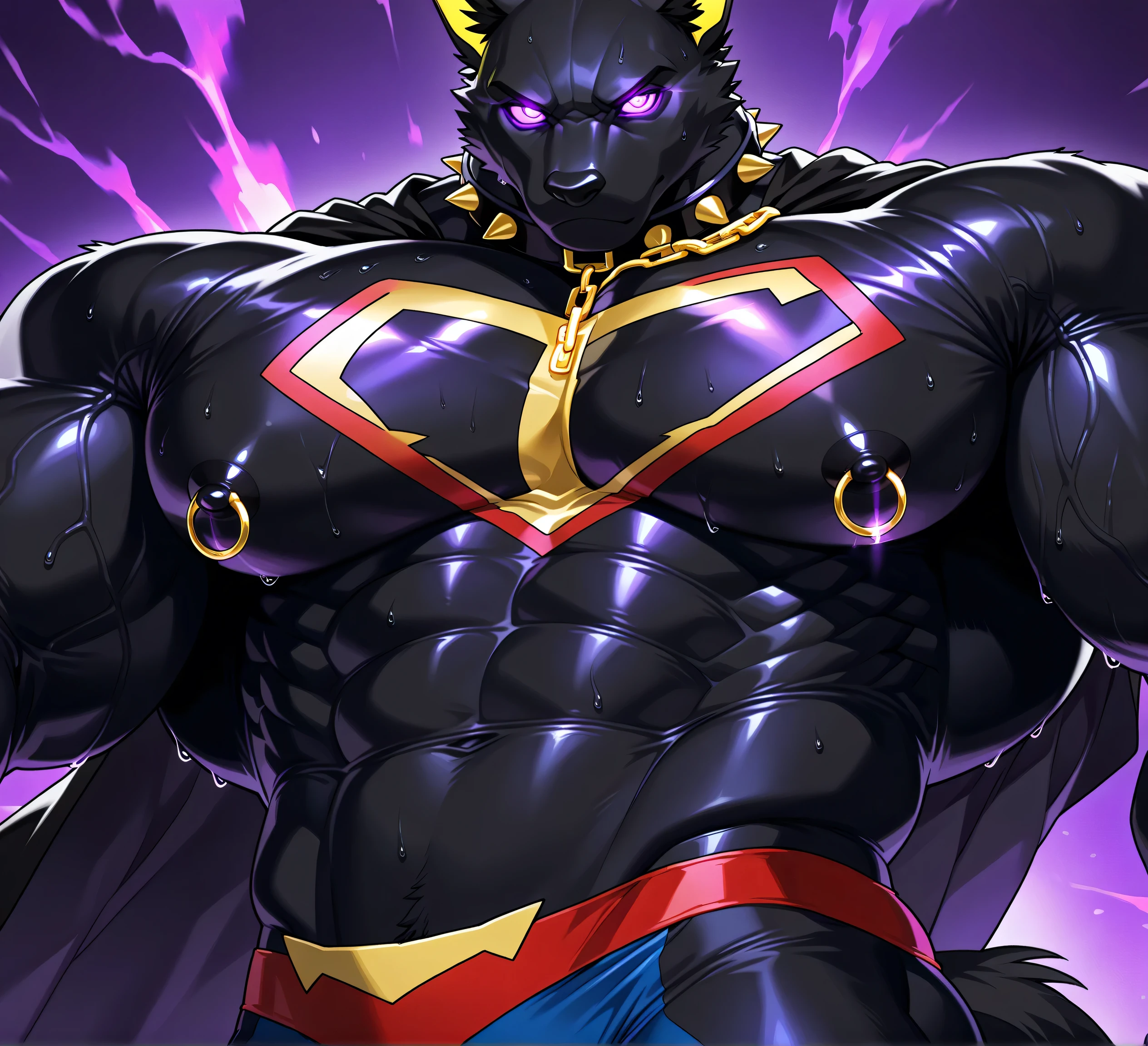 kemono, bara, solo, furry, Anthro, Drew, jackal, black body, male, tail, huge muscular, purple glowing eyes, posing, wearing superman outfit, black cape, superman symbol on chest, huge black nipples, golden nipple rings, broad shoulders, broad chest, serious, looking at viewer, wearing gold chains around neck, groping pectorals, wearing a spiked collar on his neck, wearing superman outfit, superman symbol on center of chest, black cape, detailed background, sweaty, low view, close up of chest and face, chest fills frame, BREAK score_9_up,score_8_up,score_7_up,score_6_up,score_5_up,score_4_up BREAK by null-ghost