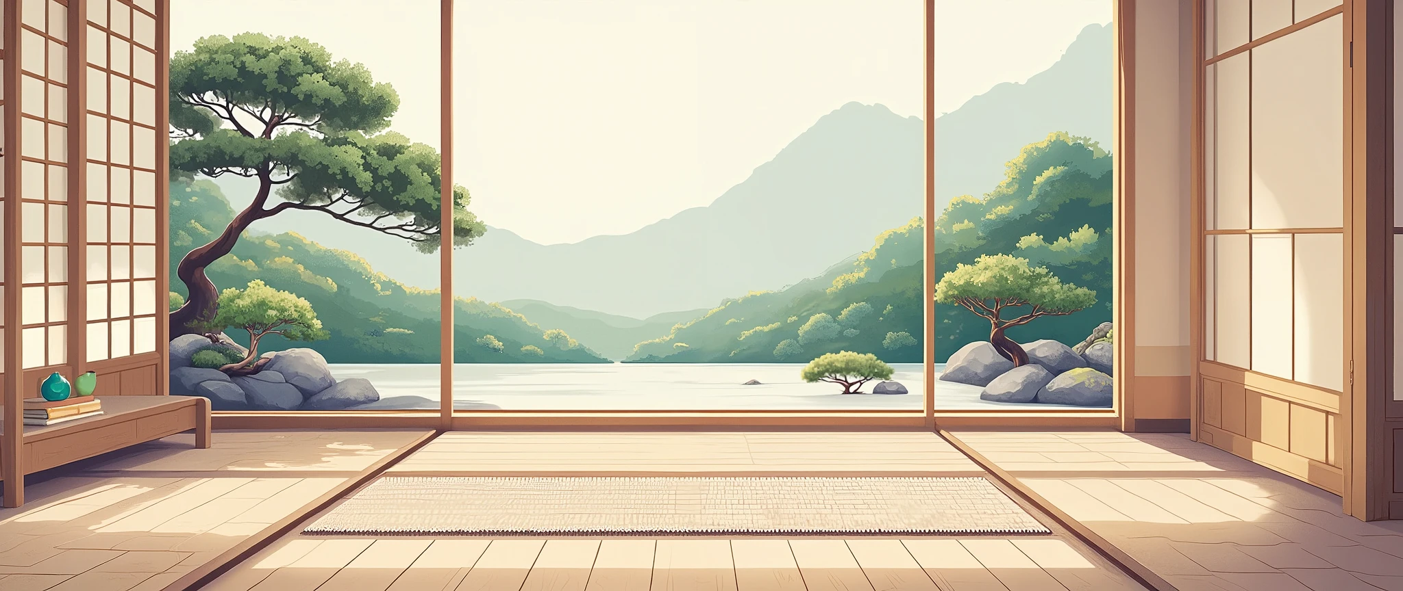 illustration in soft colors predominating , minimalism of a Japanese style living room with window to see the minimalist Japanese garden with bonsai trees, the stage evokes energy and elegance