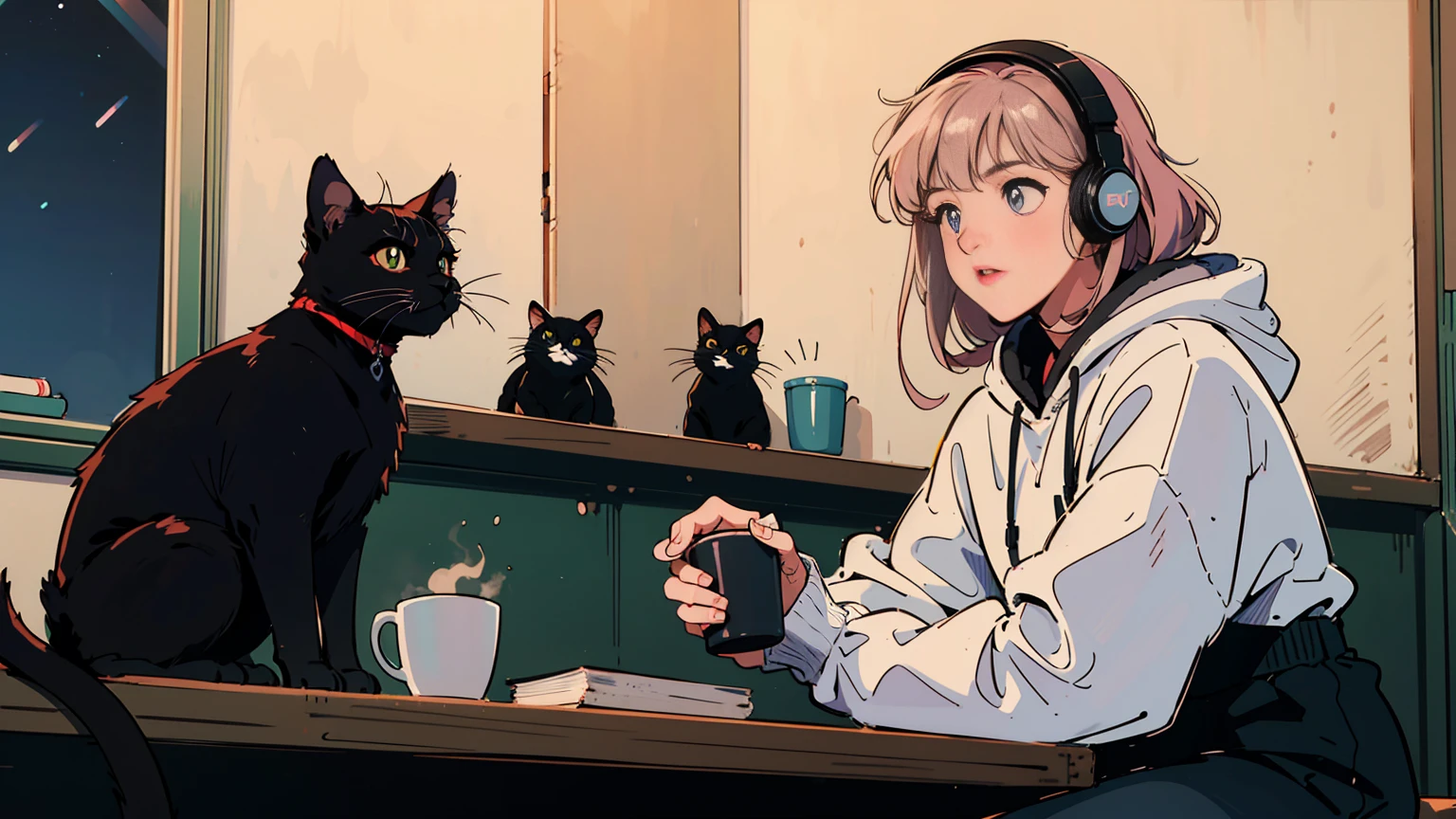 ((Highest quality)), ((masterpiece)), (detailed), A cute cat-eared girl, listen to music, close your eyes, indoor, sofa, Headphones
