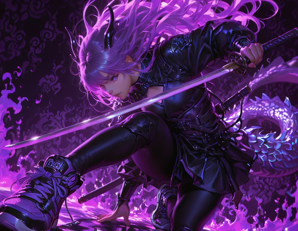 1girl,stylish sneakers,stylish streetewear,intricate detailed background,(purple dragon background),fantasy scene,high quality,4K,8K,ultra-detailed,professional,masterpiece,realistic,photorealistic,vivid colors,dramatic lighting,dramatic atmosphere,cinematic,dark,moody,dramatic color palette,dark fantasy,dark magical girl,digital art, dynamic view, dynamic angle, katana, intricate Katana,(Poison purple dragon background:1.5),