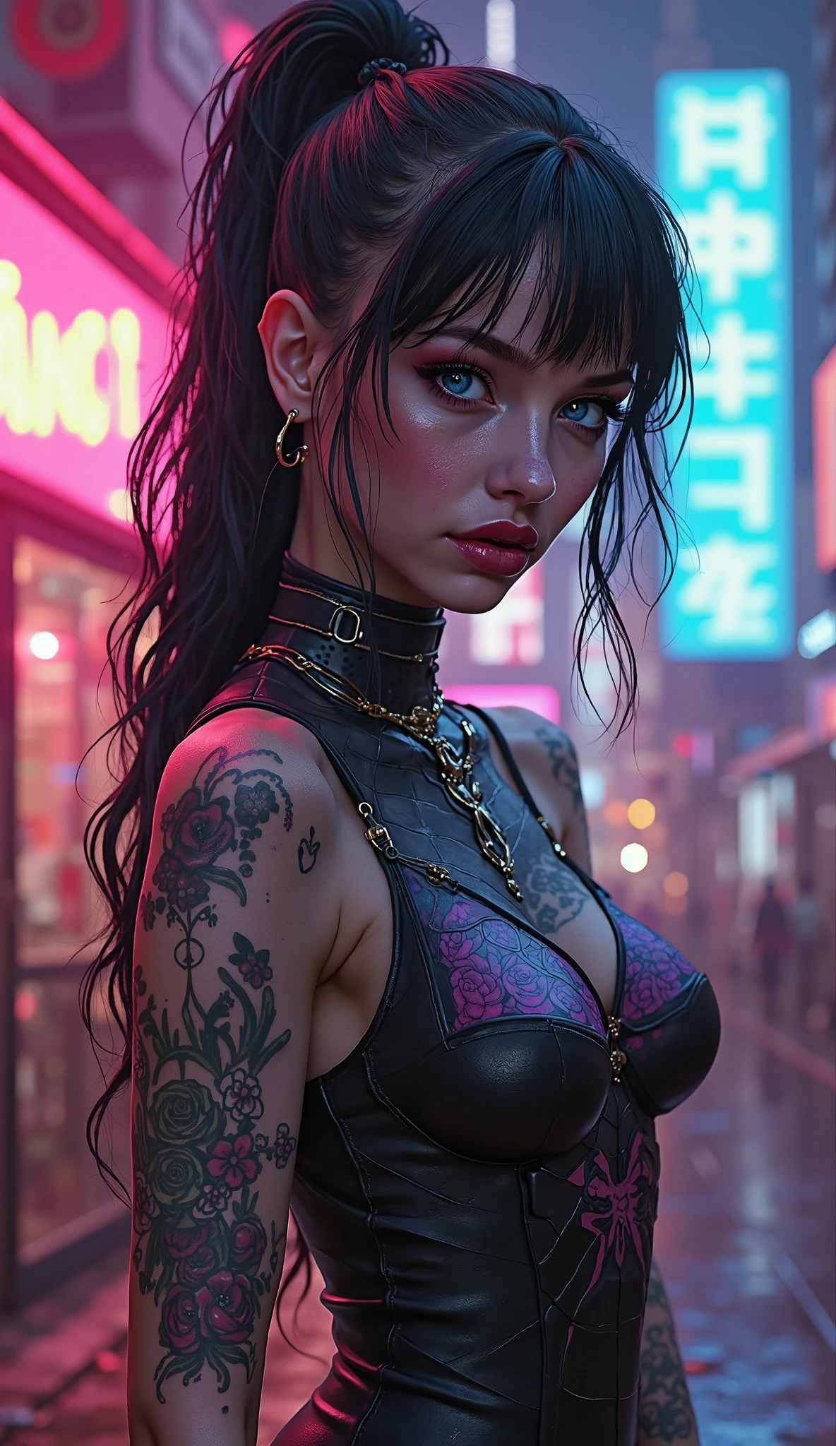 masterpiece, best quality, 1girl, gothic, face focus, upper body, black hair, tattoos, sleeveless, long black dress, mesh blouse, city, hands in pockets