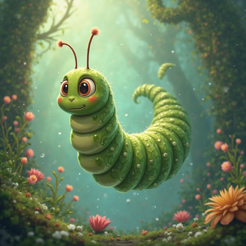 Picture a detailed, macro view of a whimsical, vibrantly colored caterpillar, adorned with patterns of sparkling gems and fine, iridescent hairs. This tiny creature is making its way across a leaf dappled with morning dew, set against the backdrop of a lush, green garden. The scene is rendered in a bold and detailed digital art style, as if through the lens of artist Mia Solano.