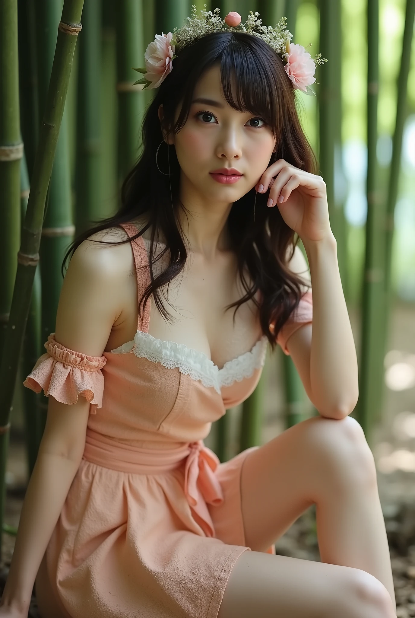 Create a portrait of a stunning Japanese idol dressed in a cute idol-inspired outfit. She has semi-long hair, a slender physique, small breasts, and thin legs. The background features a bamboo forest, and she is sitting. Use cinematic lighting to enhance the scene.