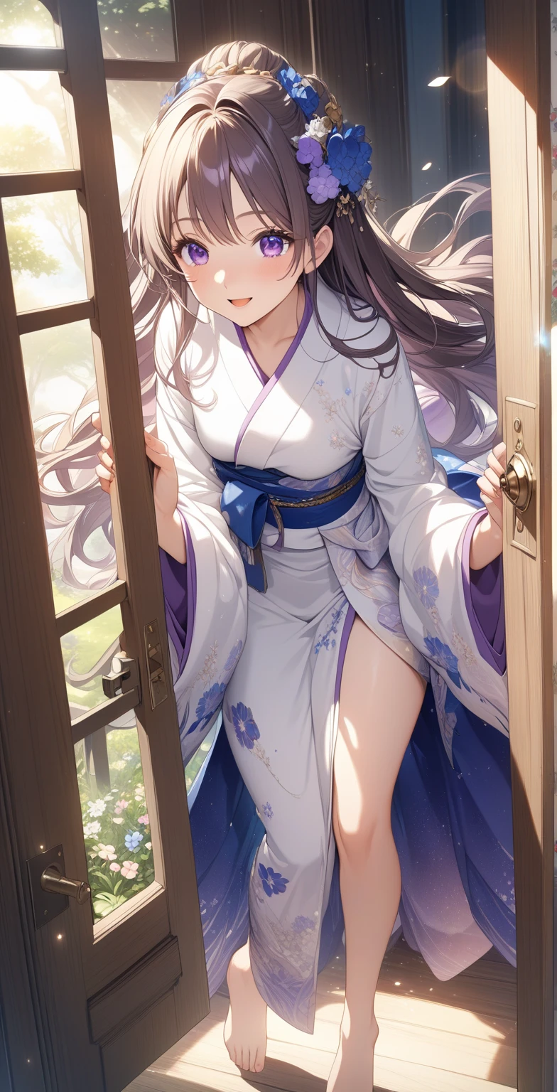 ((4K,masterpiece,best quality)), shuimobysim, Chinese painting, lotus, hanfu, maxiskit, dress open 1girl, solo, long blue hair, smile, standing, feet in water, barefoot,