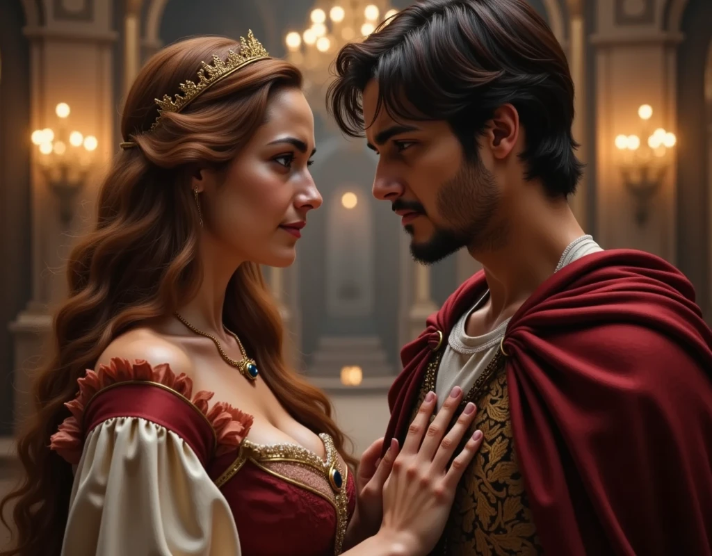 beautiful princess  daughter  Father looking at her, and wicked queen with her 3 daughters looking at the beautiful princess daughter jealously  
