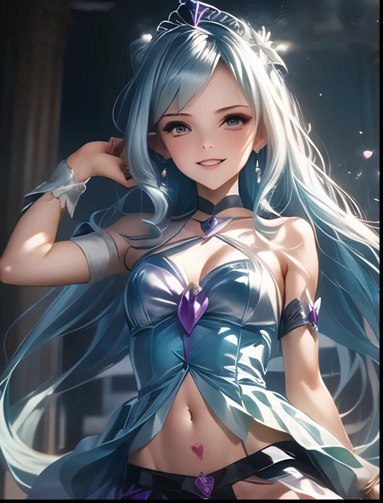 (((SFW、Highest quality、 first class masterpiece 、 normal body of a real person 、8k、 detailed face 、super precise、 real color 、5refer to、Highest)))、Pretty Cure、Blue and silver hair、Magical Girl、pretty girl、 Navel Exposure 、Big Breasts、slender、 slim、high leg white slingshot、Panchira super miniskirt、Open Legs Embarrassing Pose、 Open Legs Sexy Pose、Fall into Darkness、heart on navel dirty tattoo、heart on chest dirty tattoo、Heart tattoo on body、dark light、evil magic particle、Hypnosis、Hypnotic、Eyes that shine in a heart pattern、hollow eyes、Chain Lead Slave Iron Collar、Female slave、Brain washing is complete、kind smile、Calm expression、ChainBondage、bow down、Trembling violently and panting