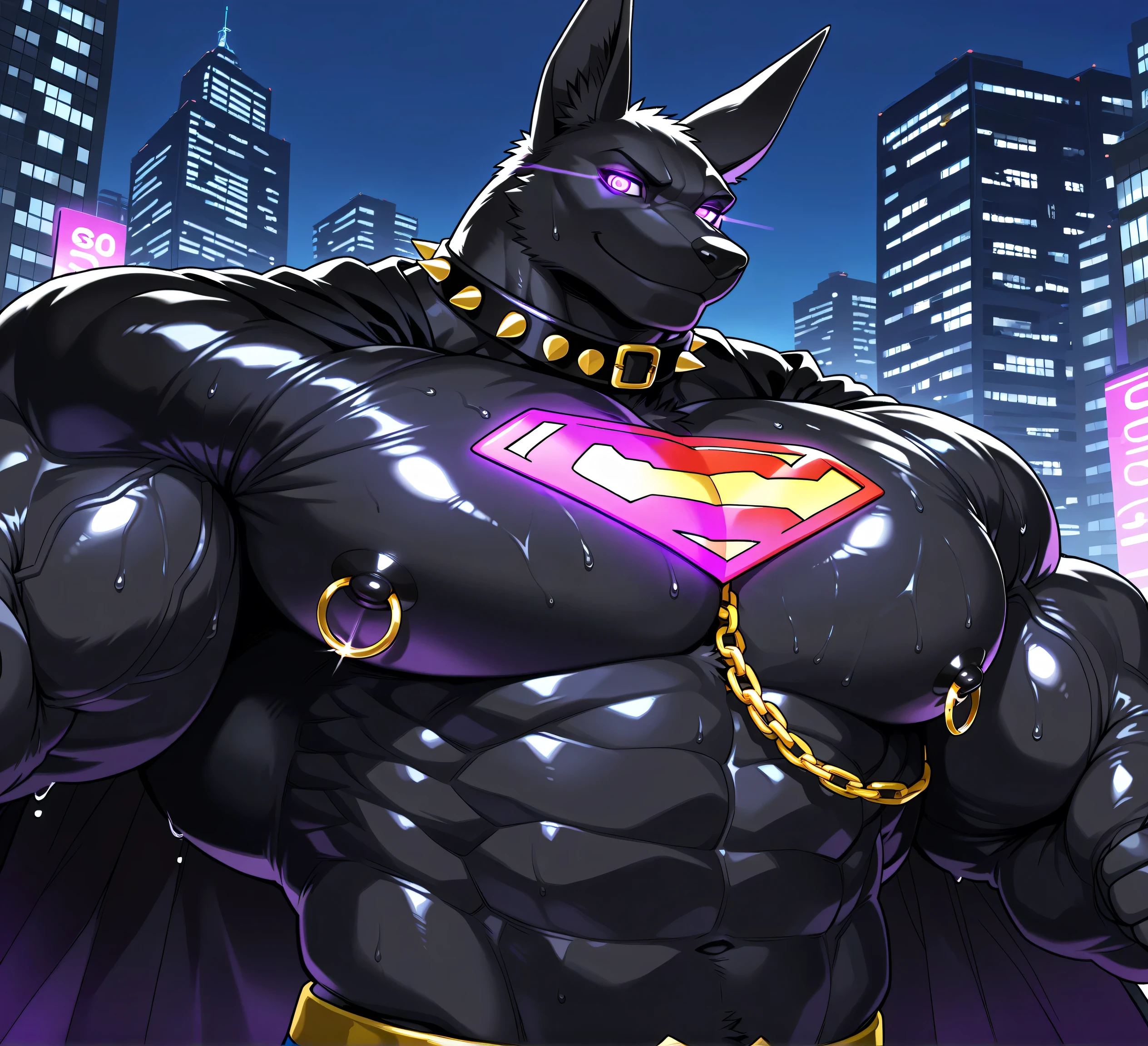 kemono, bara, solo, furry, Anthro, Drew, jackal, black body, male, tail, tall ears, huge muscular, purple glowing eyes, posing, wearing superman outfit, black cape, superman symbol on chest, huge black nipples, golden nipple rings, broad shoulders, broad chest, smile, looking at viewer, wearing gold chains around neck, wearing a spiked collar on his neck, wearing superman outfit, superman symbol on center of chest, black cape, detailed background, sweaty, low view, close up of chest and face, chest fills frame, flexing chest, macro, city, BREAK score_9_up,score_8_up,score_7_up,score_6_up,score_5_up,score_4_up BREAK by null-ghost