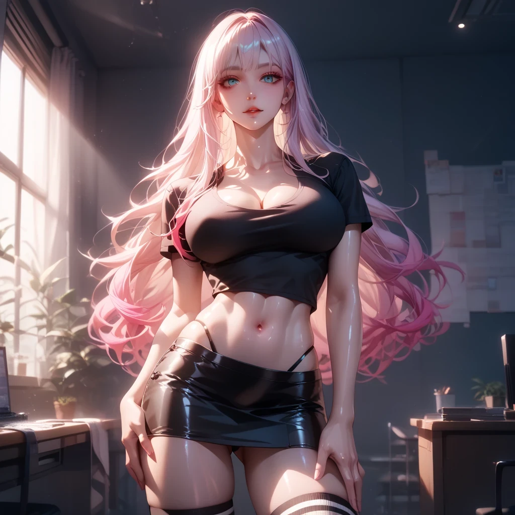 hand on own ass, ((pink, hair, gradient hair ), top quality、 ( professional lighting without shadows )、 surreal, is fascinating、figure like a slender supermodel、 1 girl, ( big breasts, Belly button exposed), ( flat at honny, beautiful skin)), (明るい and beautiful blue eyes ,((ウルフ cut, long hair)),( black mini tight skirt , black u neck t-shirt, cleavage visible ,(( punk style fashion))) , Knee High Socks, 黒のthong