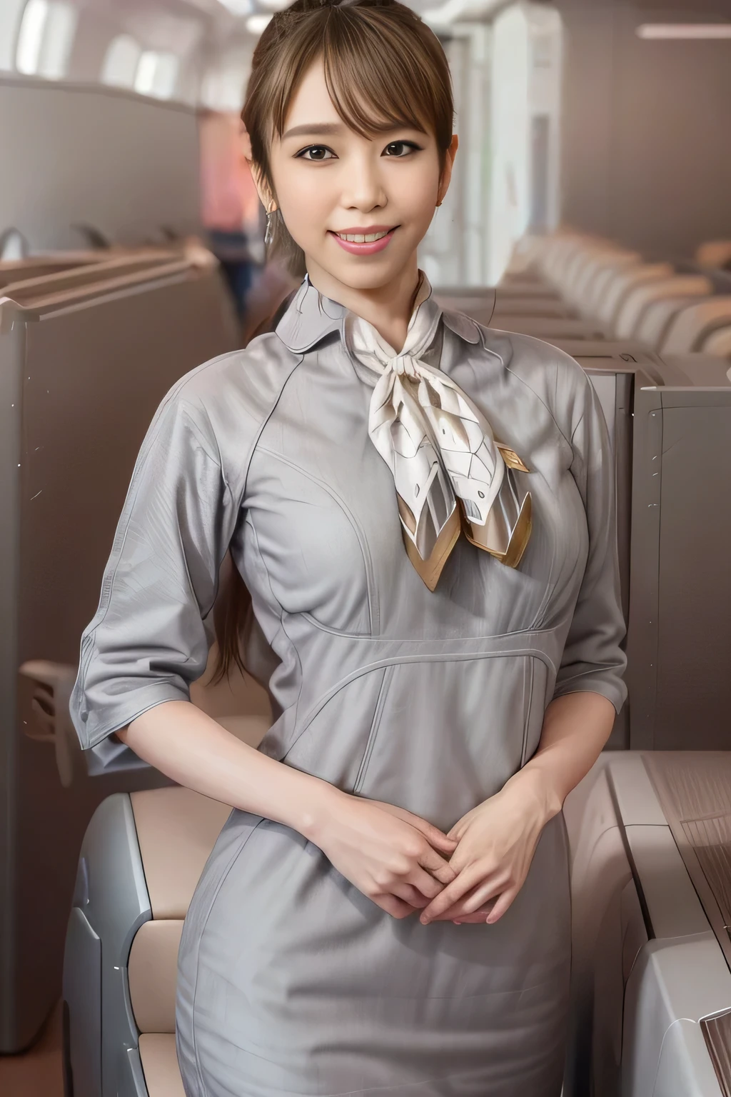 (masterpiece:1.2, best quality:1.2), 32kHDR, High Resolution, (alone、1 girl)、(Starlux Flight Attendant Uniforms)、 (At the airport counter, professional lighting)、A proper woman, beautiful face,、(Starlux Flight Attendant Uniforms Short Sleeve)、(Starlux Flight Attendant Uniforms)、(Scarf on chest)、Big Breasts、(long hair、hair bun)、dark brown hair、 long hit 、(( amazing hands:2.0)),((A harmonious body shape:1.5)),((Normal limbs:2.0)),((Usually refers to:2.0)),((Normal eyes:2.0)))、Beautiful position、earrings、smile、Hands crossed underneath