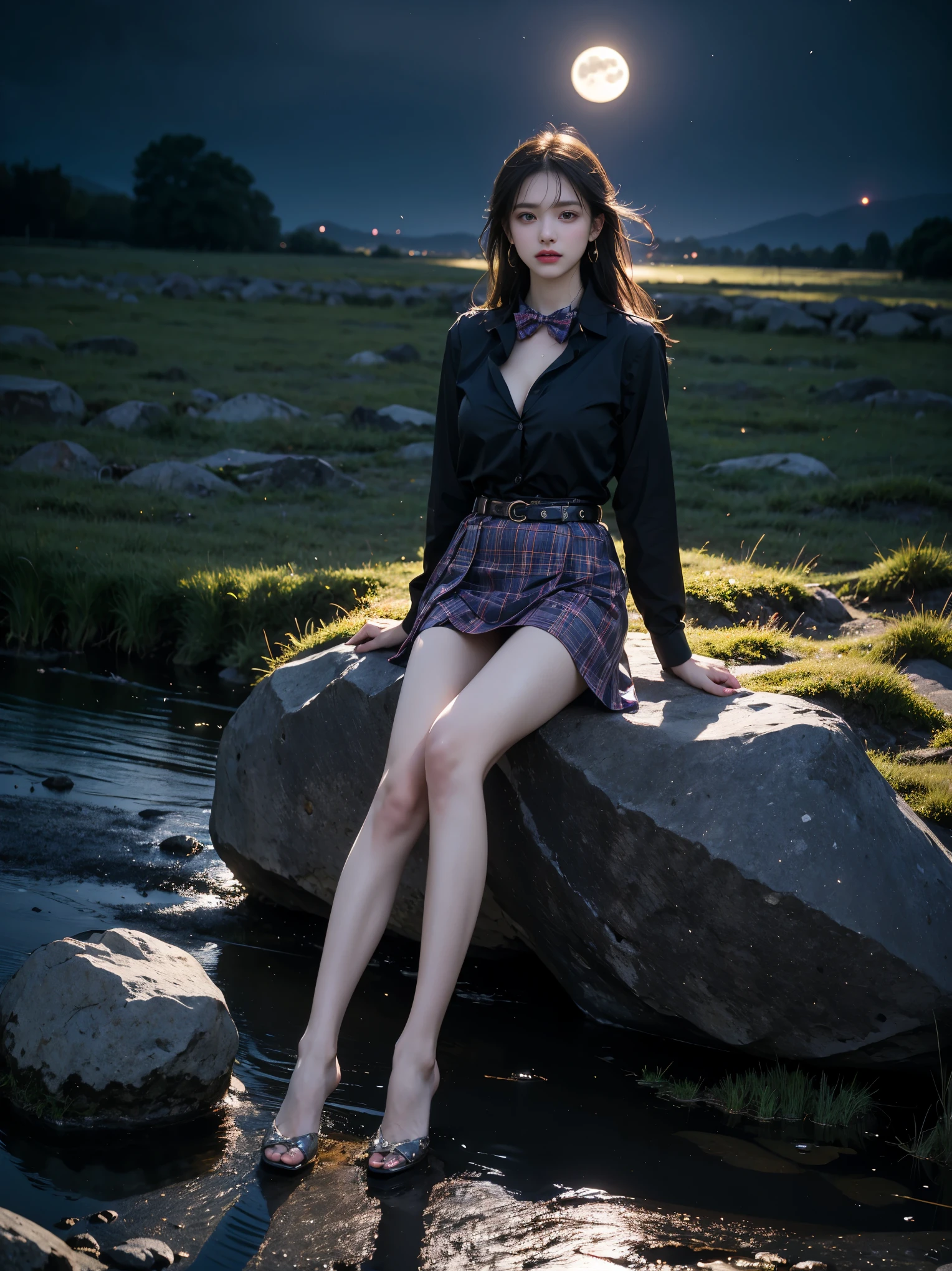skirt,plaid necktie,belt,plaid skirt,black shirt,bowtie,,, (full body:1.3), photorealistic beautiful woman, sexy long-legged model, night, (Night, moonlight, neon), (Full bust, visible cleavage, very short hemline), mountain top rocks, sitting on a rock, elegant sitting posture, anatomically correct and beautiful legs, perfect body proportions, fireflies, flying glowing butterflies, detailed face, intricate dress, soft ambient light, cinematic lighting, 8k, high resolution, masterpiece, best quality, sharp focus