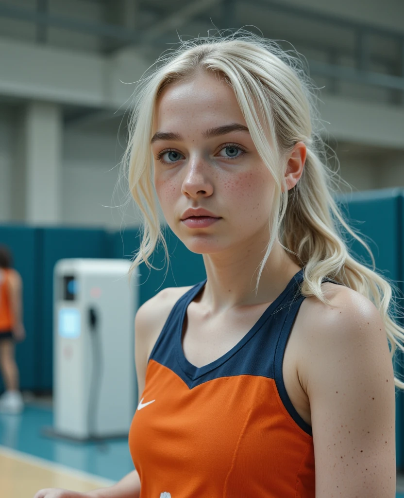 14 year old girl with white hair up, light blue eyes, White skin , small, upturned nose and very beautiful basketball player