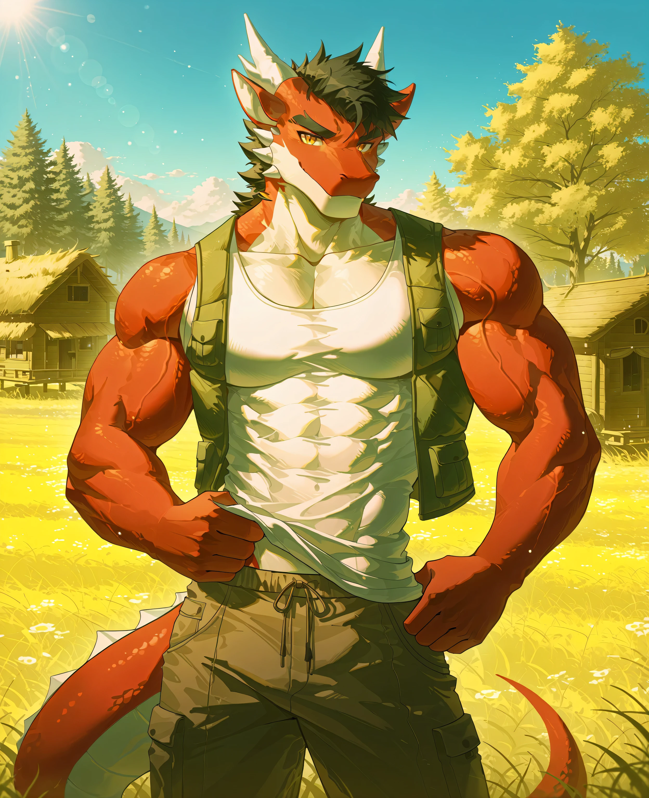 sfw,masterpiece,UHD,solo,highres,best quality,anatomically correct,furry male,(western dragon),collarbone,(red scales:1.5,two-tone body,white horn),black hair,short hair,black eyebrow,snout,(detailed eyes,amber eyes,detailed pupils,beautiful eyes),snout,animal ears,dragon ears,absurdres,shapely,handsome,dragon tail,cowboy_shot,(slender muscle:0.8,skinny),(frock wear,open work_vest,white tank-top,revealing muscles, work pants, cargo pants, rugged appearance, tough guy),(5 fingers:1.1),(cool face,light smile),standing,(wooden cabin, summer countryside, rural setting, green forest background,blue sky, natural lighting),ray tracing,looking_at_viewer,from_side:1.3,(scenery:1.2),bokeh,detailed background,Tyndall effect,noon,sunny,break,(wolftapioca:0.3,chung0u0,uiokv:0.5,(lindong:0.8),(by null-ghost:0.8),huashijw,(asteroid_ill:0.8),(smile \(qd4nsvik\):0.9)),cg,highres,sfw