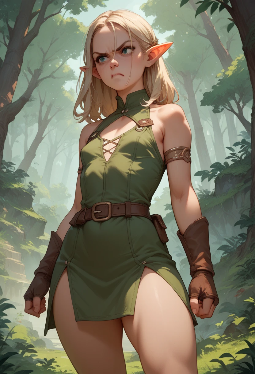 1girl, salute, blue dollsuit, blonde hair, green eyes, elf ears, pantyhose, forest, steam, masterpiece, highly detailed, HDR,8k resolution, best quality, perfect face, beautiful face, beautiful eyes, ((perfect female body, narrow waist))