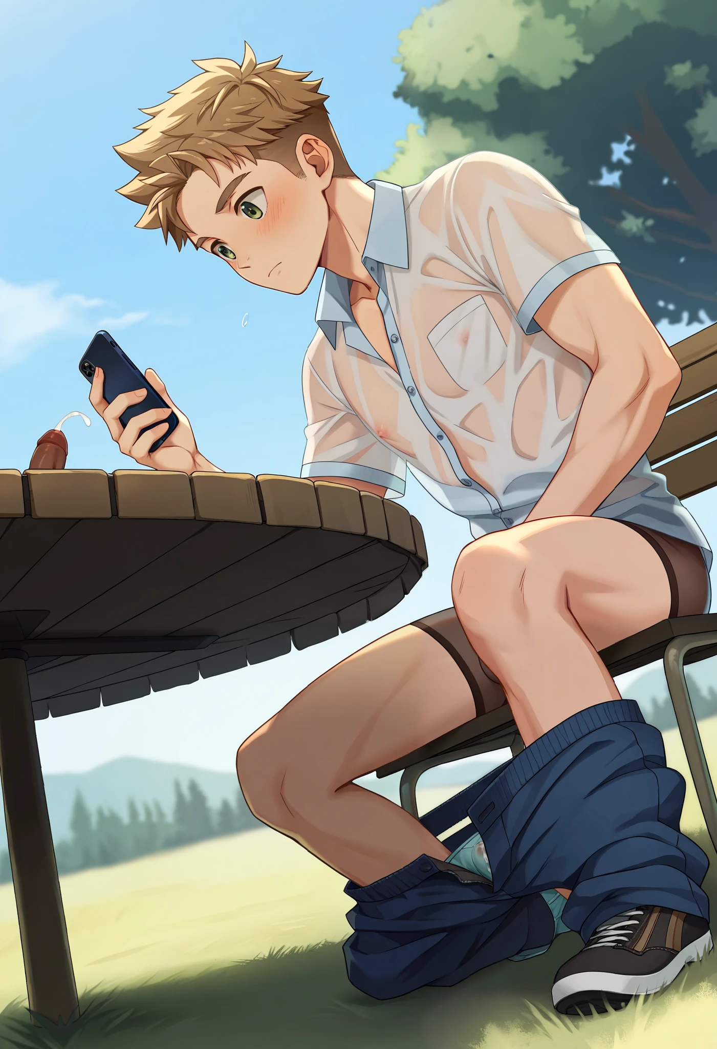 (((looking at smart phone))), (((one young man, sticking out (transparent see through fine mesh) men's dark briefs with erect penis outlined))), men's underwear with small penis, (his erection pressing upward beneath his underwear), wide penis head, his straining bulge pushing against the fabric, (his erection outlined through the tight fabric), ((the tip barely contained within his men's underwear)), round face, ((highest quality, masterpiece:1.3)), perfect style, an average-sized shaft, slightly curved, with a well-defined tip, a realistically proportioned, natural-looking erection, subtly veined and smooth, muscular thighs, unbuttoned summer shirt, eccentric pose, slightly touching penis head, (((closeup his erect))), angle from side below,
outdoor, campsite, low table, low-chair, camp gears, forest, spread legs, (((cuuming))), (((dropping semen))), (((night scene, in front of fire))), blush, sleepy, his unzipped pants pulled down to his knees,