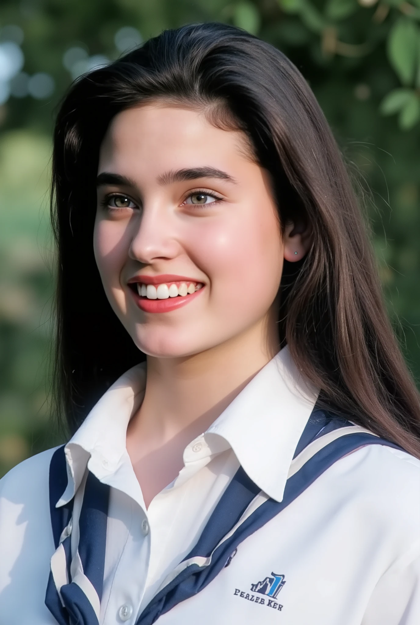 (masterpiece, best quality:1.3), 1girl, Alone,
she wear in tidy high school uniform and white shirt,
young Jennifer Connelly at age 15,
with cute face yet with precocious female body,
no make up, flawless pale skin,
healthy youthful fresh succulent smooth fair skin,
joyful smile,
plump cheeks,
scooped nose arched high with a turned-up tip,
plump blreasts, broad shoulders,
shiny long dark hair fluttering,
under bright natural light illuminating on her face,