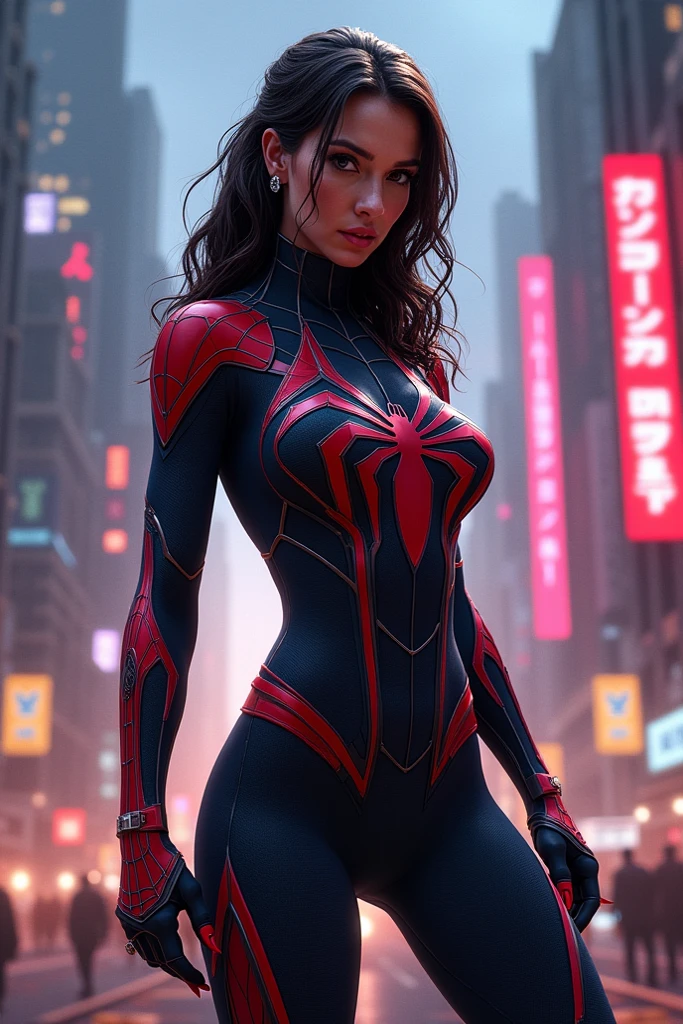 proportional eyes, (realistic:1.5),photorealistic, hyper realistic, (extremely detailed eyes), hyper detailed, soft lighting, (detailed background), extreme detail background, sharp details, ((full body)), female spider-man ripped open front of costume to reveal breasts, flushed face, hanging from side of building