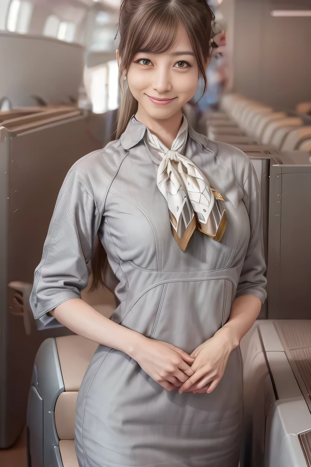 (masterpiece:1.2, best quality:1.2), 32kHDR, High Resolution, (alone、1 girl)、(Starlux Flight Attendant Uniforms)、 (At the airport counter, professional lighting)、A proper woman, beautiful face,、(Starlux Flight Attendant Uniforms Short Sleeve)、(Starlux Flight Attendant Uniforms)、(Scarf on chest)、Big Breasts、(long hair、hair bun)、dark brown hair、 long hit 、(( amazing hands:2.0)),((A harmonious body shape:1.5)),((Normal limbs:2.0)),((Usually refers to:2.0)),((Normal eyes:2.0)))、Beautiful position、earrings、smile、Hands crossed underneath