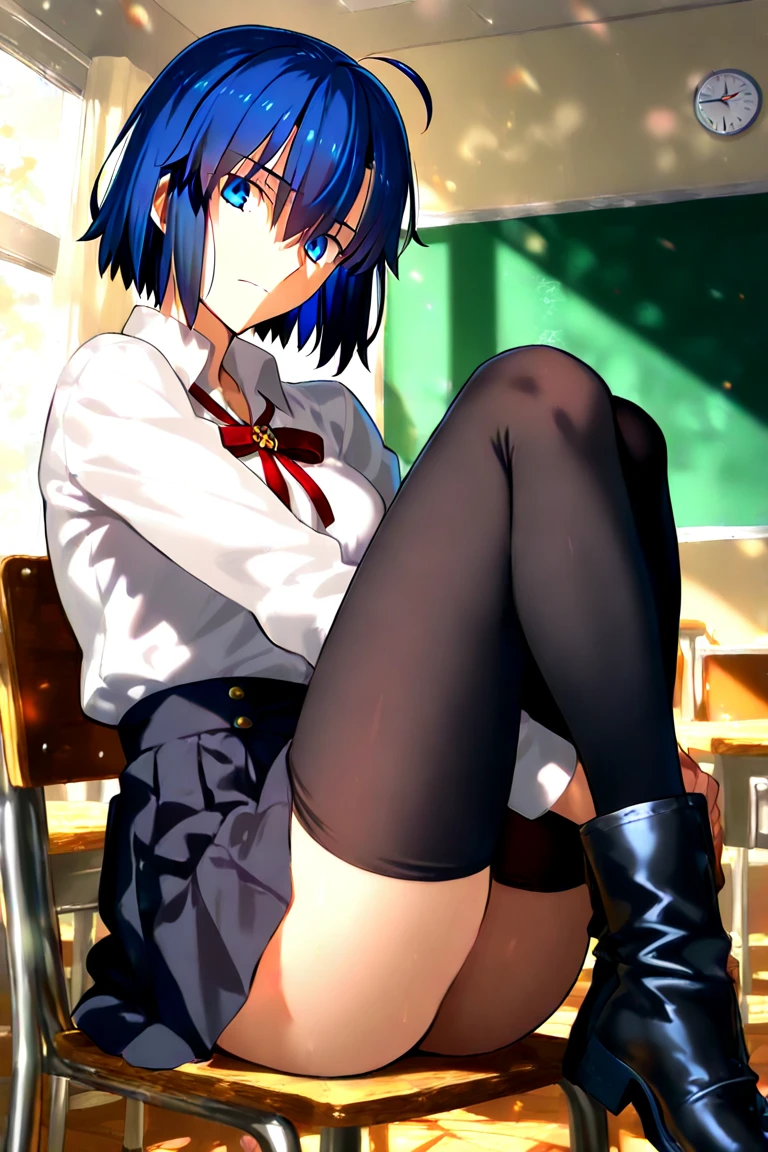 Young girl with blue hair,short straight hair and short bangs (purple eyes),, ((small bushy eyebrows)), wearing gothic ta clothing, loli, medium large breast, breasts out of blouse, walking to school, bored look, bored face, , lifting her skirt to show her vagina wet with semen, having sex
