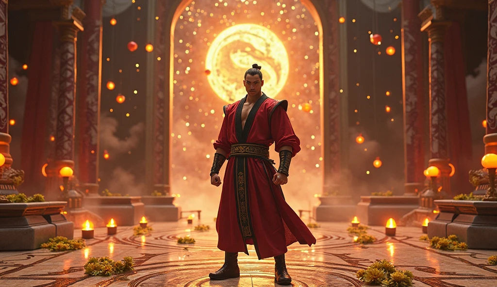 Handsome guy, 25 years old, Asian, master work, best picture quality, higher quality, high detail, super high resolution, 8k resolution, delicate facial features, boy, big muscles, tattoos, glowing eyes, short hair, hair details, (full body: 0.6), detailed background , [[look away, look to the side, emphasize homosexuality and pay attention to every detail , open Hanfu transparent tulle jacket, white rubber pants, circling dragon, Chinese garden background ((((crotch bulge))))), flame, flame spell, Fire fighting, Chinese kung fu, fingerless gloves, wristbands, dragon-themed costumes, monk robes, spinning floating particles, dynamic composition, burning architectural background
