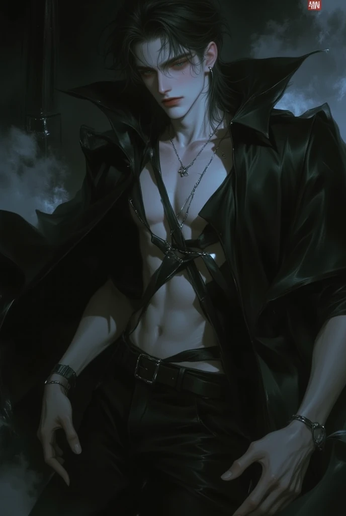 Trending on artstation pixiv, anime guy with bright eyes, unsual eyes, best anime 4k, zerochan art, key anime art, [[[[grinning evily]]]], Mage, masterpiece, Magic, Magic circle, (gray skin), muscular, open shirt, solo, rings, good anatomy, detailed hands, detailed eyes, (male), Black cat, Black Wizard clothes, blue eyes