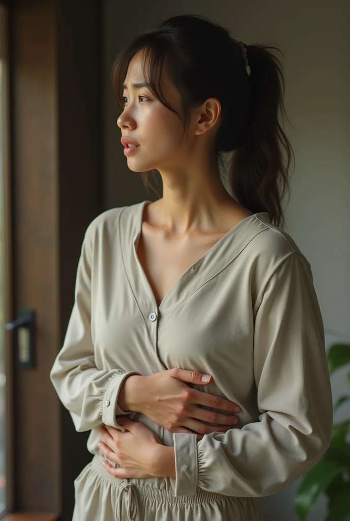 Japanese woman in her 50s。Right facing。Looking Down。The upper body is dressed in white。BMI 25~Body type: about 30。My belly is a little protruding。Hands on stomach。No exposed abdominal skin。The angle of view is mainly focused on the abdomen.。