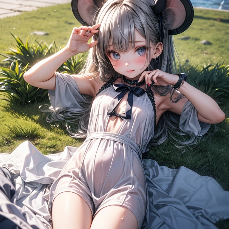 girl、、Yellow swimsuit、whole body。blue eyes、Gray Hair、、Seductive pose、front、、Outdoor、garden、Beach、