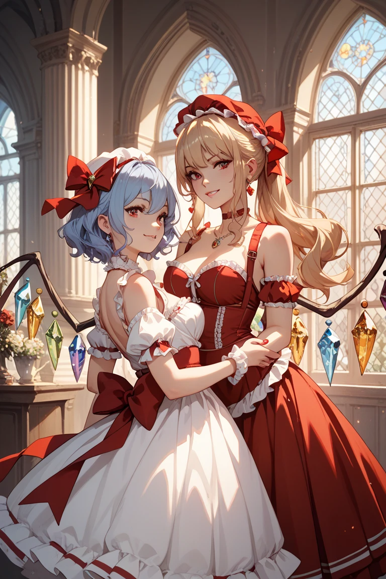 (Masterpiece:1.2), ((best quality:1.2)), ((illustration:1.2)) ((ultra-detailed:1.2)), hyper details, (delicate detailed), (intricate details), (cinematic light, best quality Backlights), clear line, 

((2 girls:1.5))
1.(16 years old) medium breast, medium ass, beautiful face,  blonde bob with tousled short hair, masterpiece, fine details,orange eyes, sideburns, hair between eyes, detached_sleeves, bare shoulders, white dress, smile, white flower hair ornament, bare shoulders, bare hands. 


2.(18 years old) , a cute girl, , beautiful, beautiful blue eyes, ((beautiful eyes)), pink long hair, middle breast, smile, cleavage, ((red dress ))